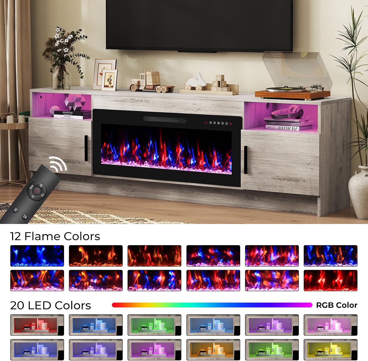 70" Fireplace TV Stand for TVs Up to 80", LED Light Media Console with 36" Electric Heater, Storage Cabinet, Entertainment Center for Living Room, Oak Gray
