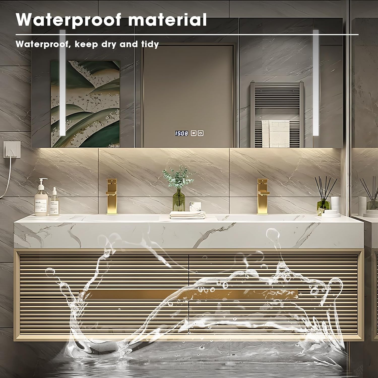 Double Bathroom Vanity with Sink - Double Basin Floating Bathroom Vanity Includes Luxurious Solid Wood Gold Cabinet Cabinet with Copper Faucet and LED Smart Defog Mirror(60IN)
