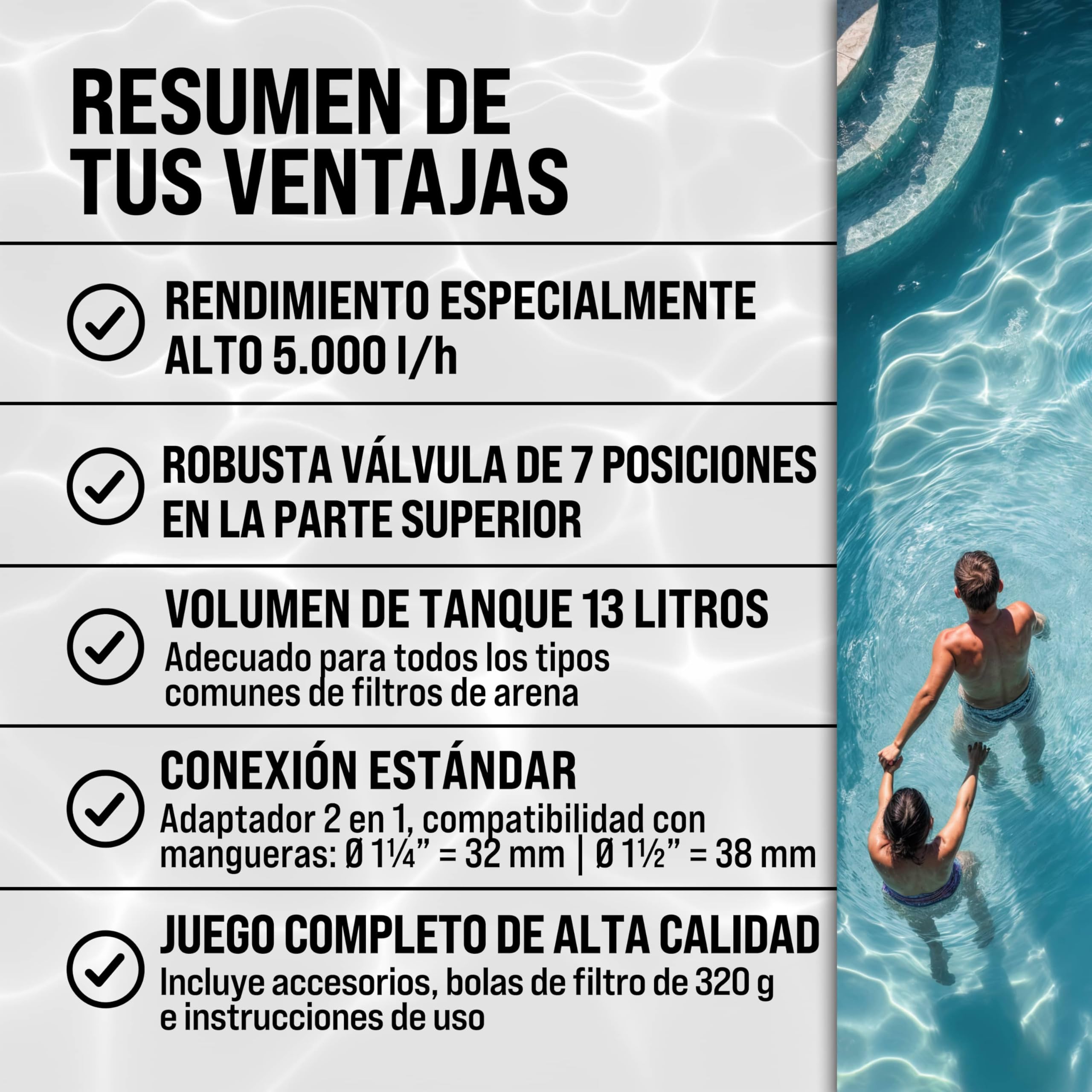 MONZANA® Depuradora Piscina 5000 L/h Filtro de Arena hasta 15.000 L con Bolas de Filtro Válvula 7 Funciones Filtrado Adaptador Ø32-38mm 180W Bomba Indicador de Presión