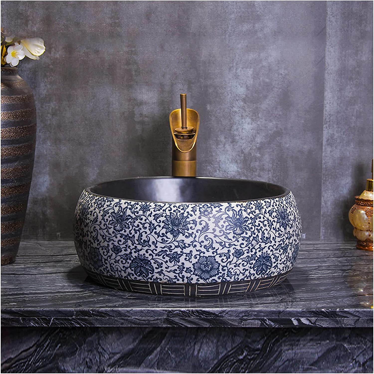 Ceramiczna Umywalka Łazienkowa, Ręcznie Rzeźbiona Umywalka Nablatowa, Ceramiczna Umywalka Łazienkowa Nablatowa Z Kranem I Odpływem, Umywalka W Stylu Industrialnym 40 * 40 * 14,Singlebasin