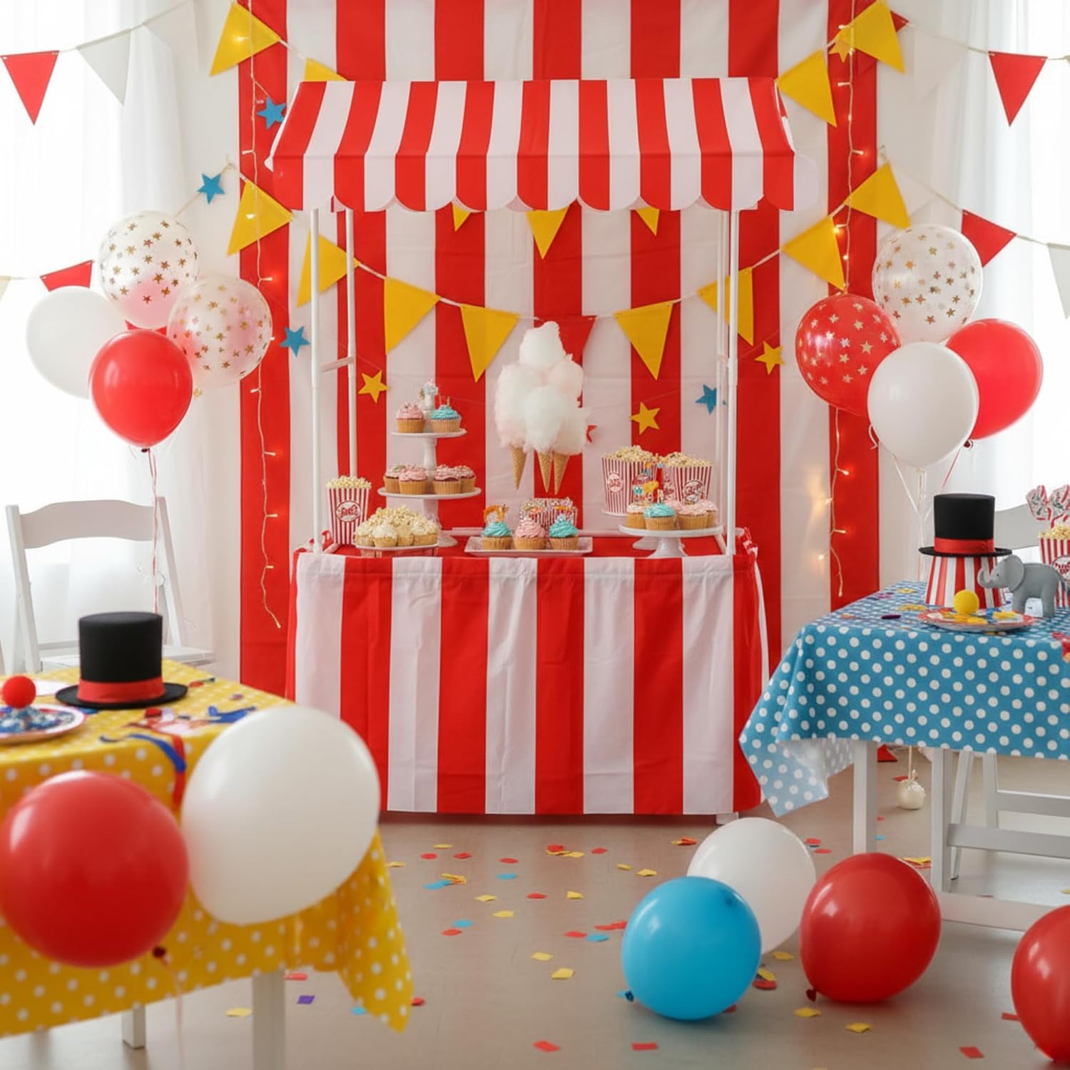Carnival Tablet Tent Kit Circus Party Decoration Include Tabletop Hut, Tent Canopy, Stripe Table Skirts, Tablecloth for Carnival Party Supplies Decorations(Red and White)