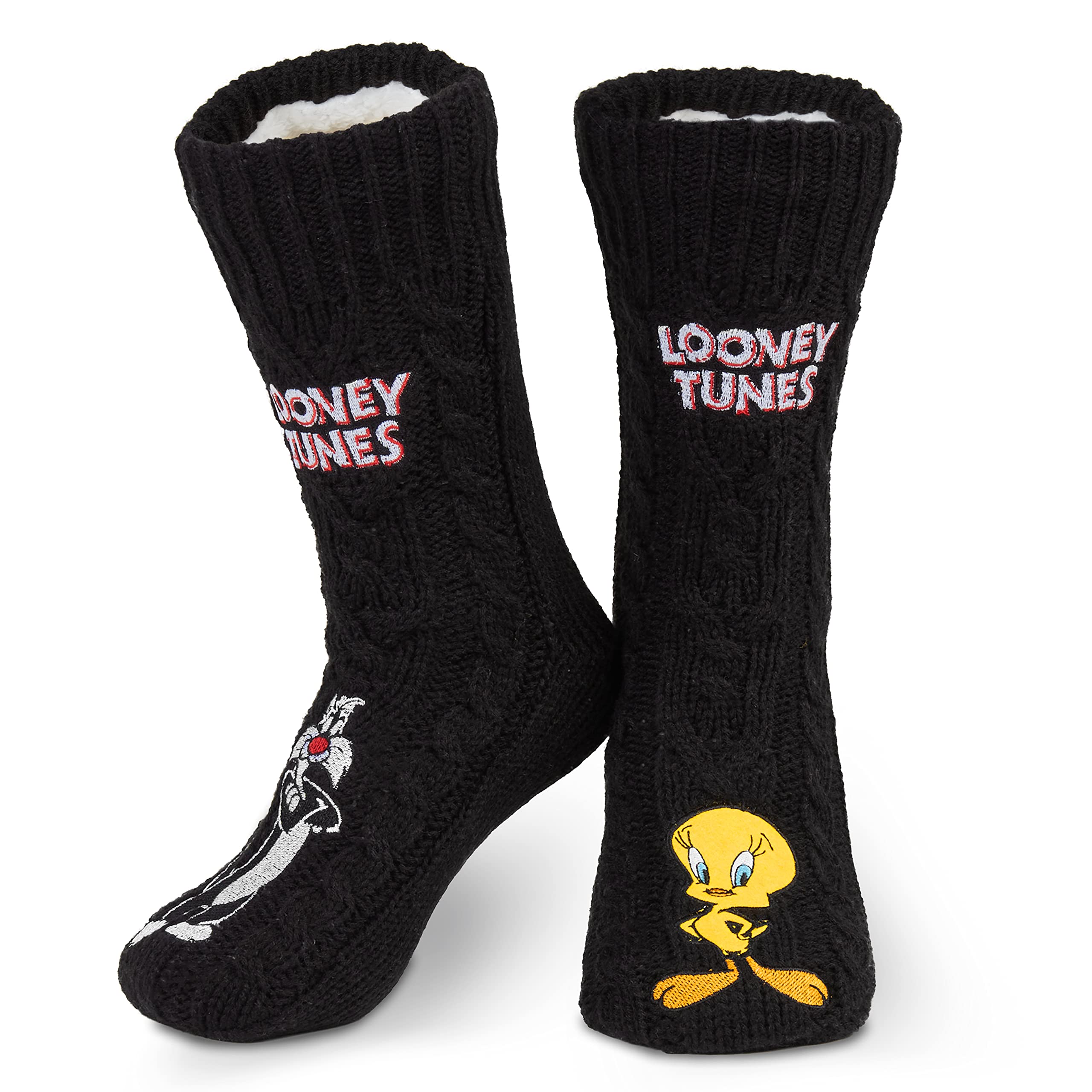 Looney Tunes Women's Slipper Socks - Tweety & Sylvester - Black - One Size