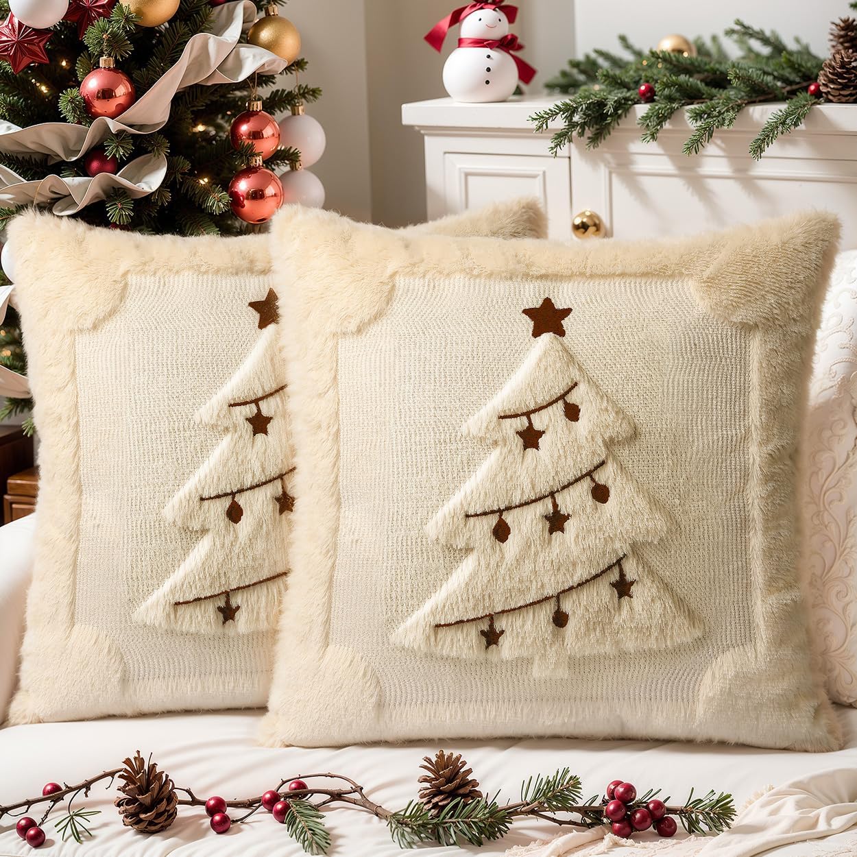 Christmas Pillow Covers Set of 2 Soft Plush Faux Fur Pillow Cases 3D Embroidered Decorative Couch Cover Home Decor Christmas Throw Pillow Covers 18x18,Beige Christmas Tree