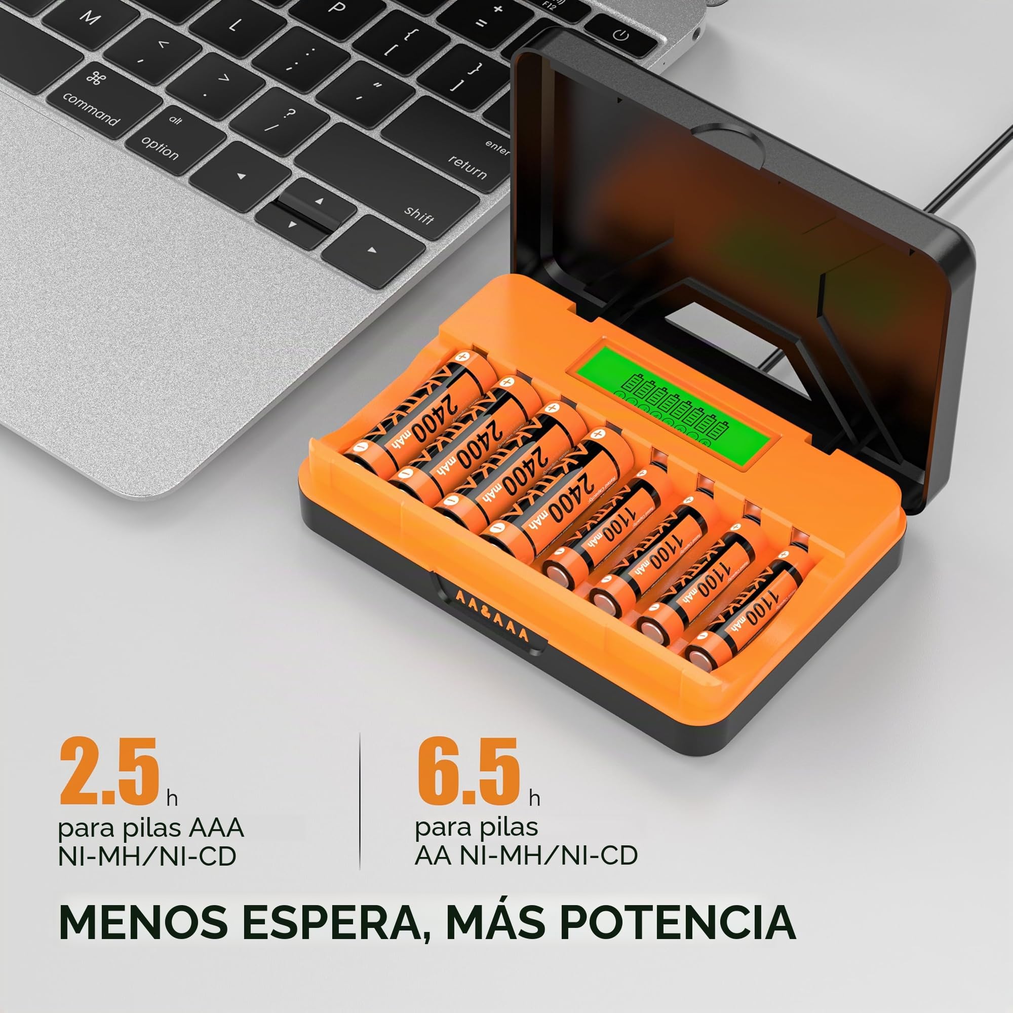 Cargador de Pilas de 8 Ranuras, con 4 Pilas Recargables AA de 2400 mAh y 4 Pilas AAA 1100 mAh Ni-MH 1,2 V, con Cable de Carga Tipo C