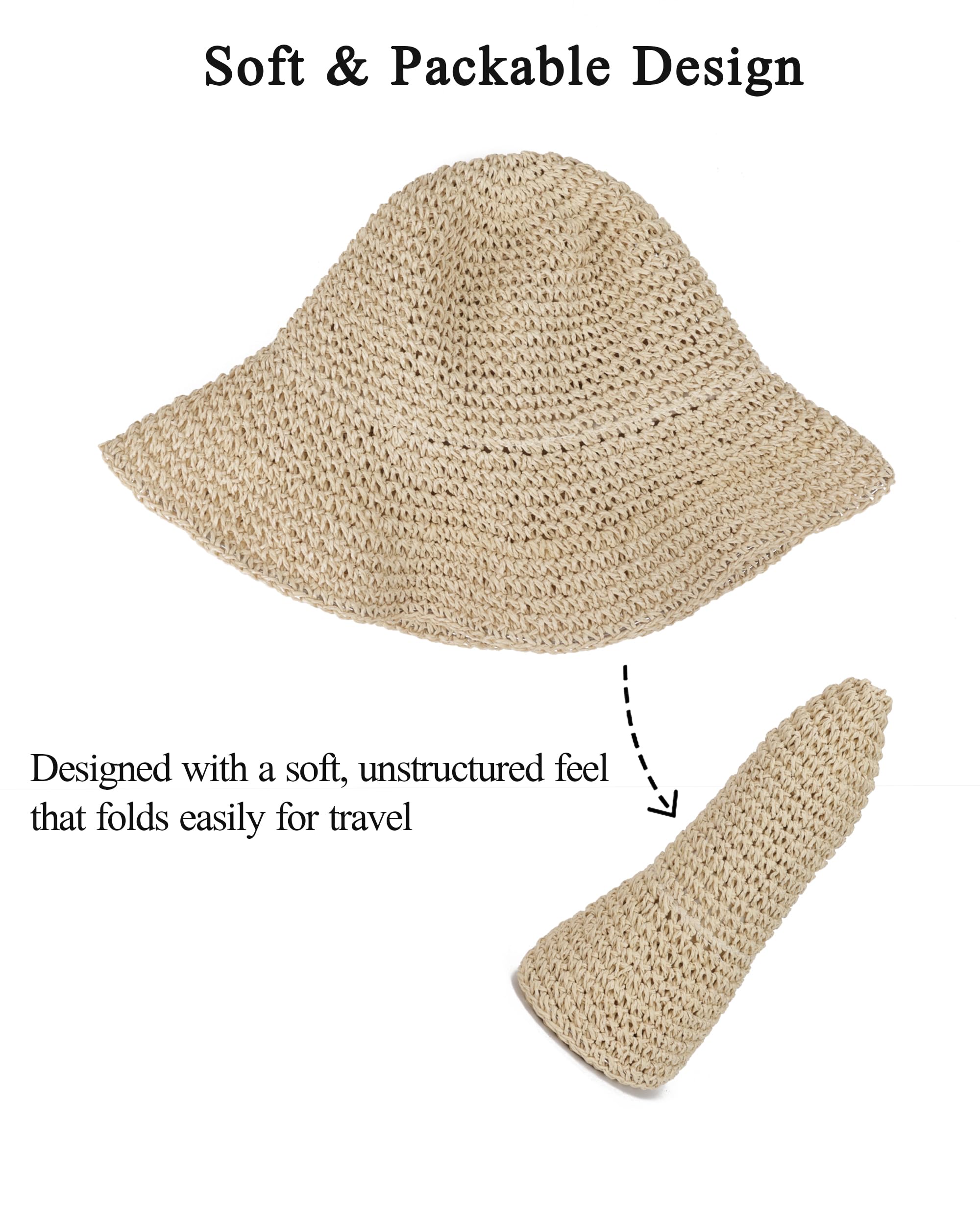 Strohhut für Damen, faltbar, verstaubar, breite Krempe, Sommer-Strandhut, gehäkelt, Fischerhut