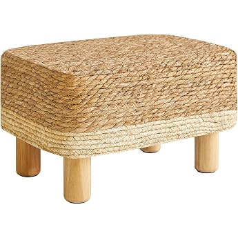 YMYNY Footstool Rectangular Footrest Natural Seagrass Footstool with Wooden Legs Hand Weave Multifunctional Modern Seat Cushion Ottoman Sofa Side Table for Living Room Bedroom 42 x 30 x 26 cm White HBD043W
