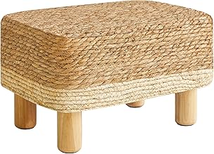 YMYNY Foot Stool Rectangular Footrest Natural Seagrass Hand Weave Pouf Ottoman with Wooden Legs Small Footstool for Living Room 42×30×26CM White HBD043W