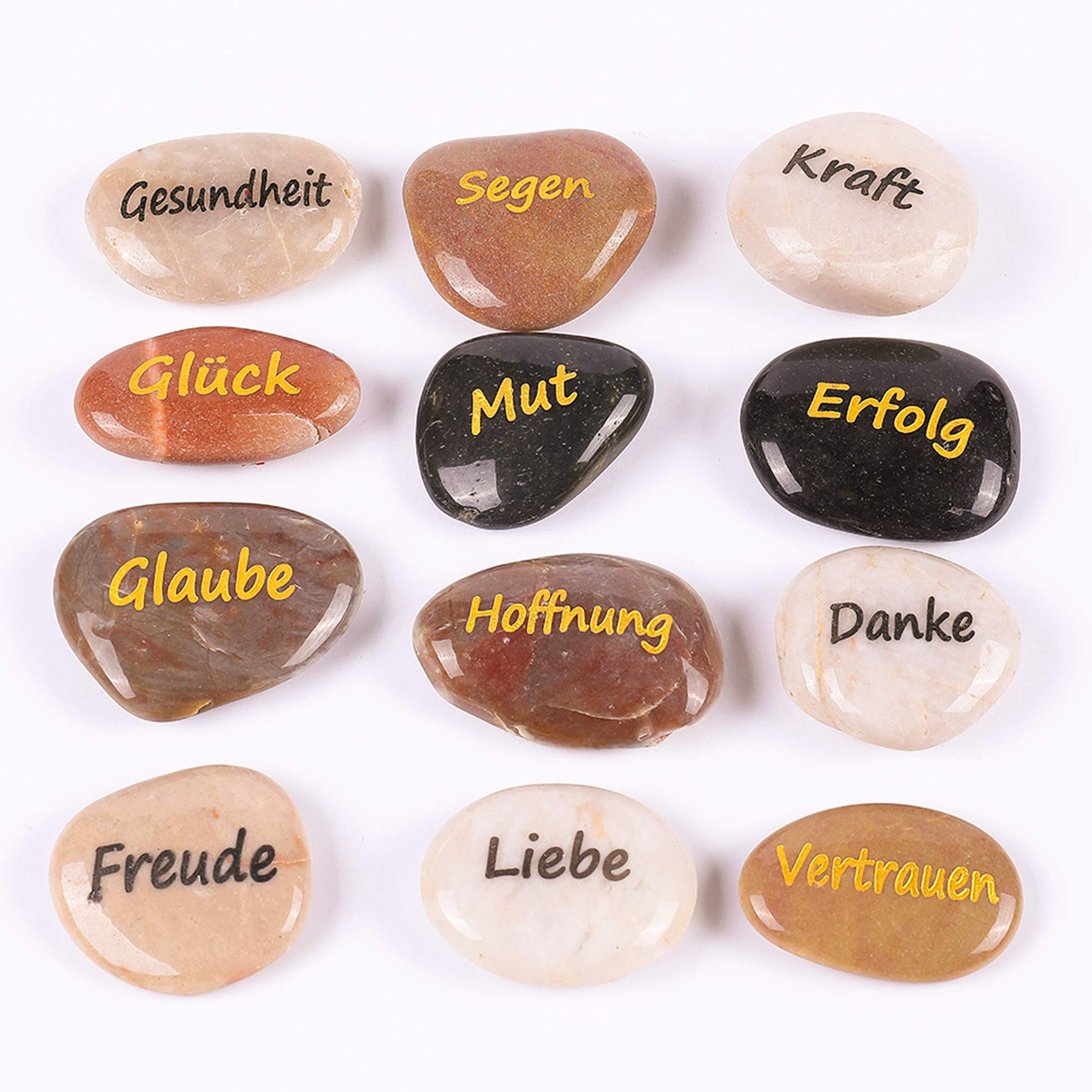 12PCS Pierres Gravées Message Allemand Chanceuse Inspirant, Cadeau avec Gravure Inspiration Mot, Pierre de Guérison, Décoratifs Galets, Bonheur Encouragement (Lot de Gros, 12 Mots Différents, 5-8 cm)