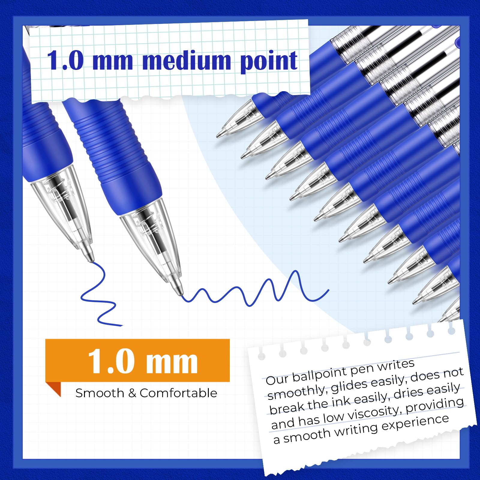 Fulmoon 100 bolígrafos de tinta retráctiles, punta media de 1,0 mm, bolígrafos de escritura suave, bolígrafos de clic para escribir diarios, escuela, oficina, hogar (tinta azul)