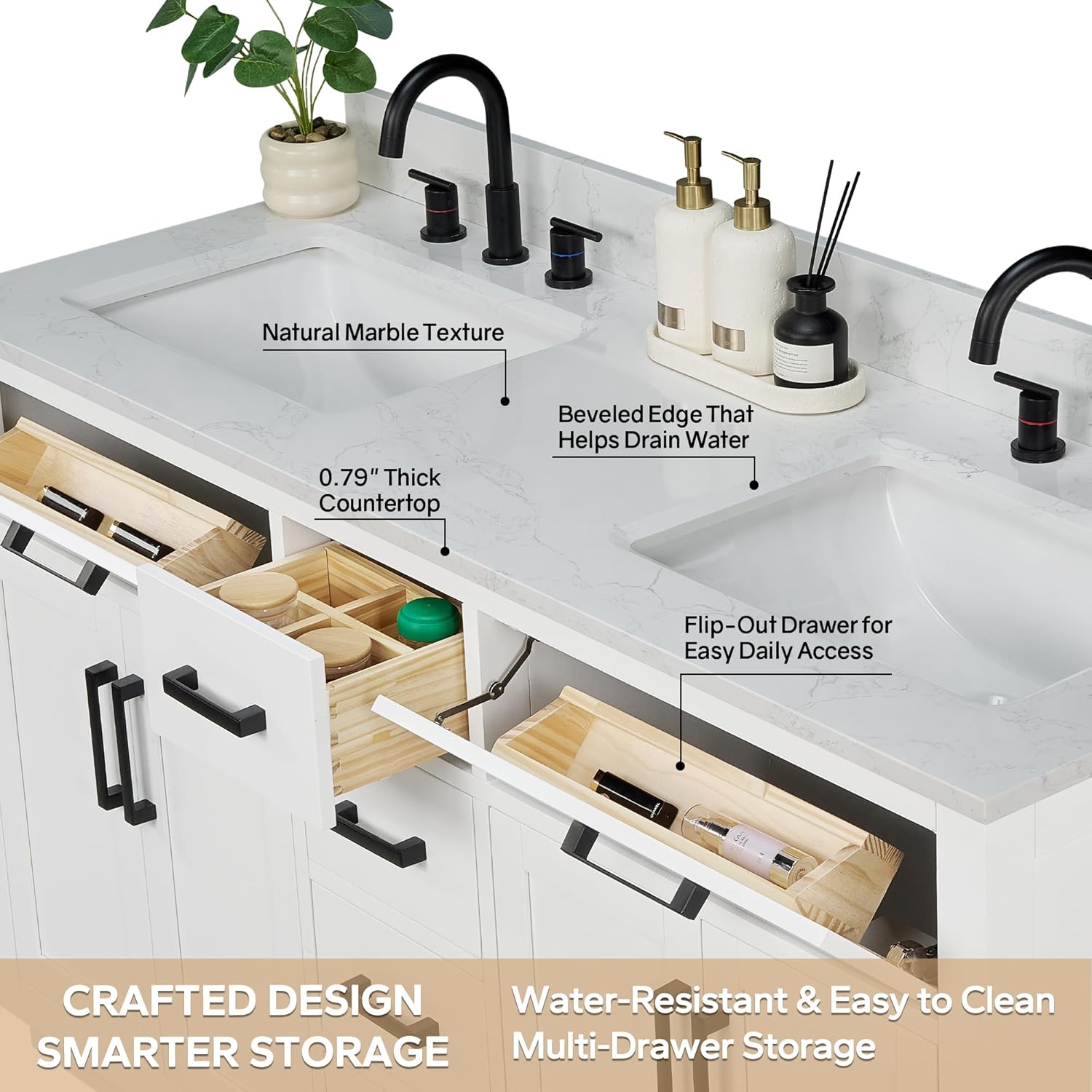 66-inch White Bathroom Vanity with 2 Sinks, Solid Wood, 0.79-inch Stone Countertop and Backsplash, 6 Drawers, 4 Soft Closing Doors