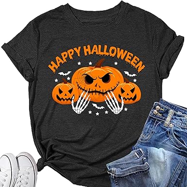 Women's Halloween Shirt:Pumpkin Art Patterns Crewneck Short Sleeve Halloween Party T-Shirt