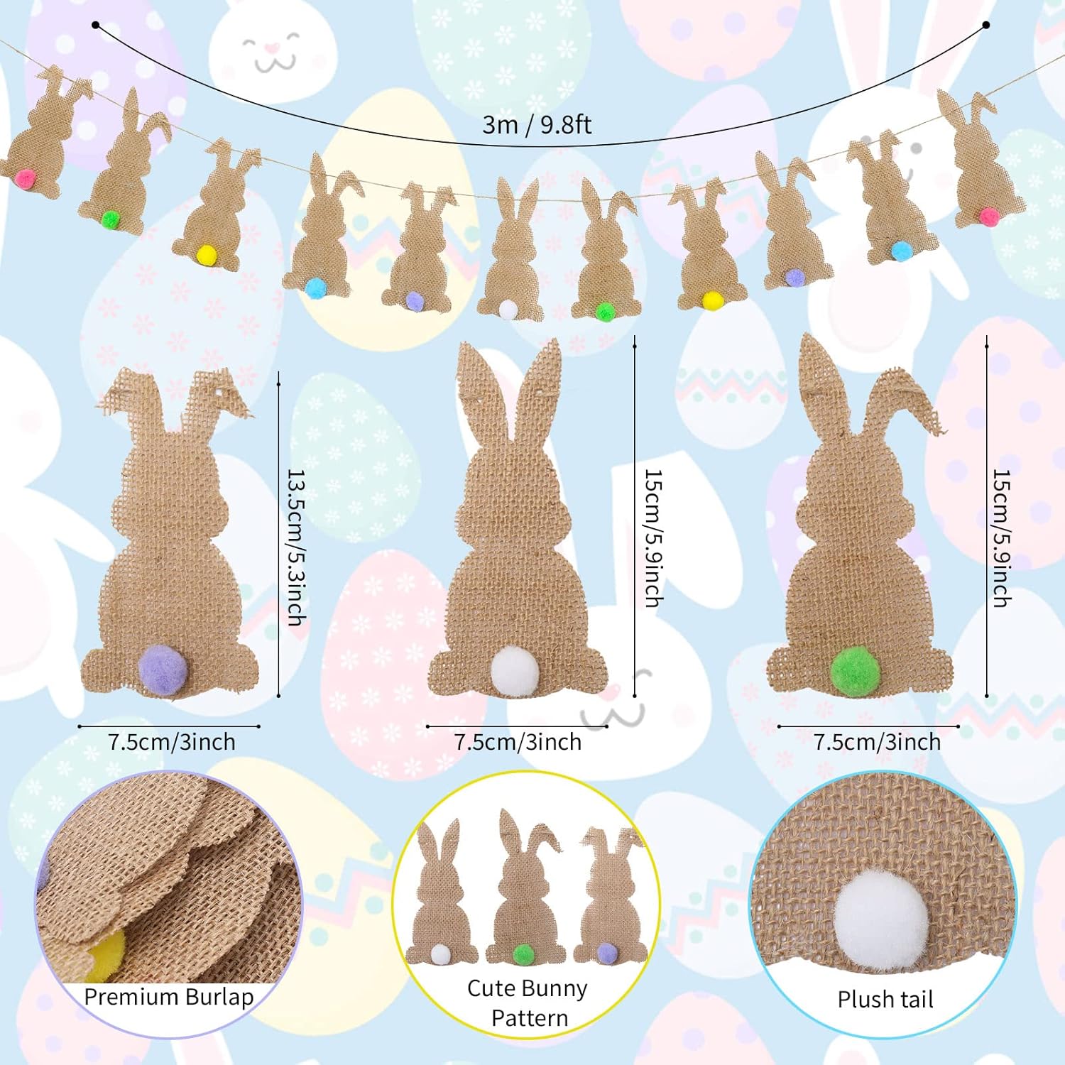 Whaline Easter Bunny Felt Banner with String 11 Pcs Colorful Tail Bunting Garland Pre-Assembled Spring Rabbit Hanging Decoration for Home Backdrop Decor Party Supplies