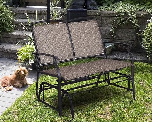 Miniatura 2 de HAPPYGRILL Silla de sofá biplaza para patio trasero, jardín, mecedora, banco de patio con marco de acero recubierto de polvo