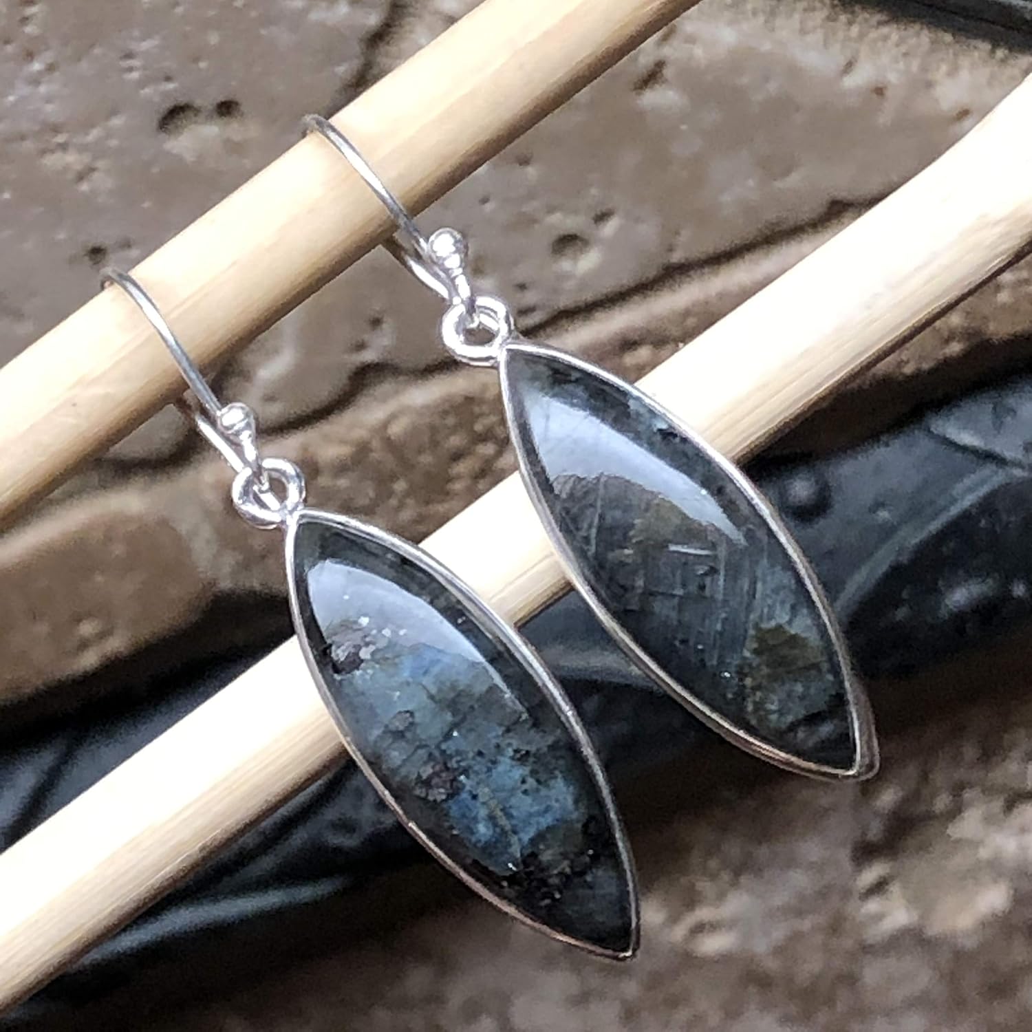 Natural Larvikite Black Moonstone 925 Solid Sterling Silver Earrings 40mm - Image 5