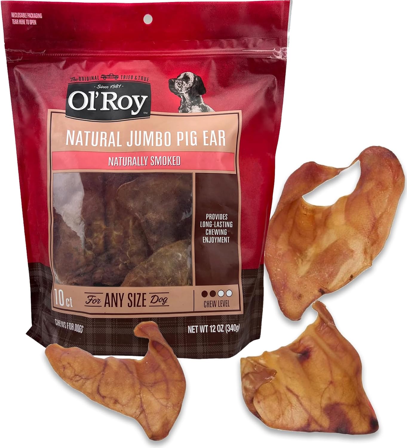 Natural Jumbo Pig Ear Dog Chews – 10 Count, 12 oz Bag, Long-Lasting Pork Hide Treats for All Dog Sizes, Smoked Flavor, Single Ingredient Chews for Daily Chewing and Entertainment