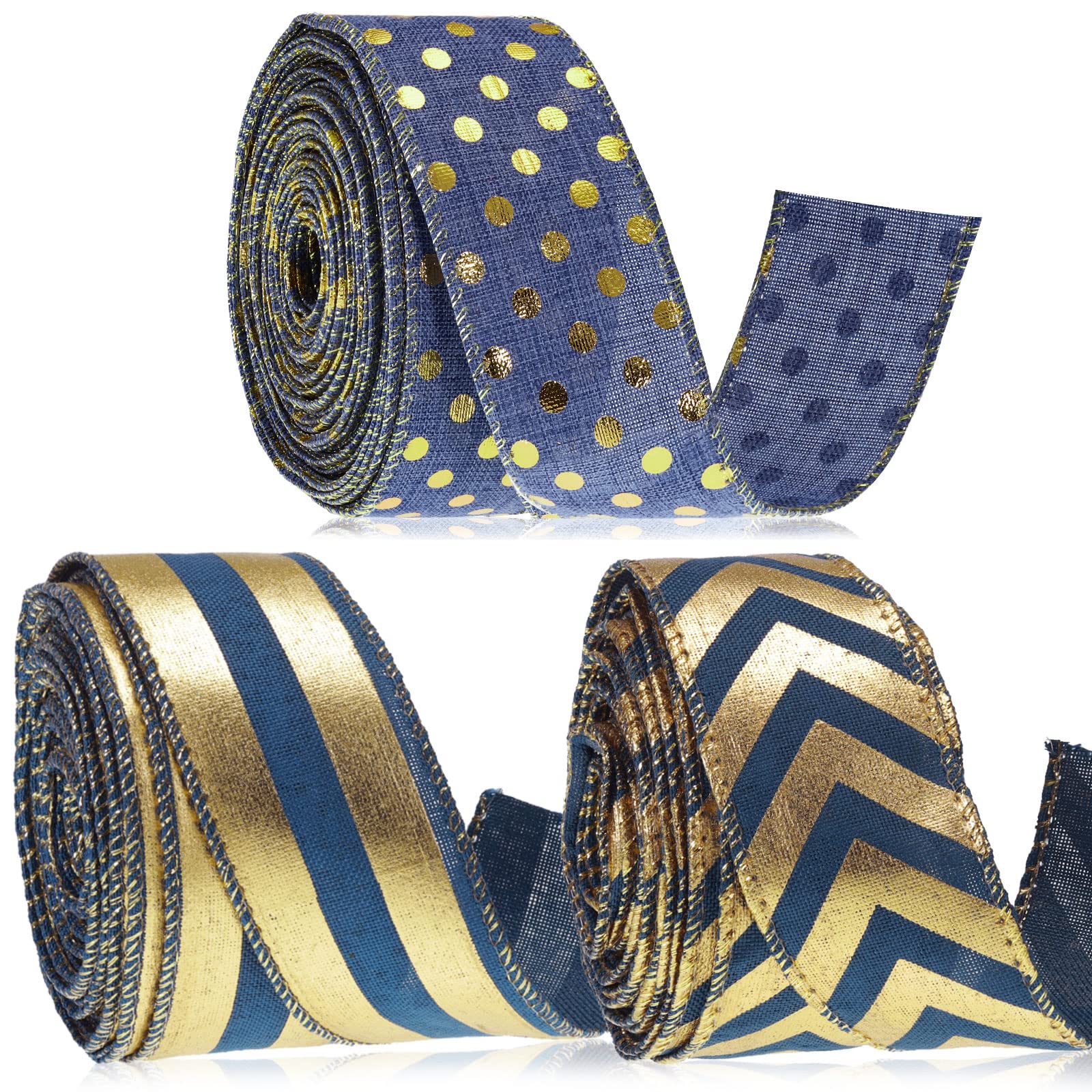Ruban lin fin bleu doré 3.8 cm : lot de 3 pour décoration fête et loisirs créatifs