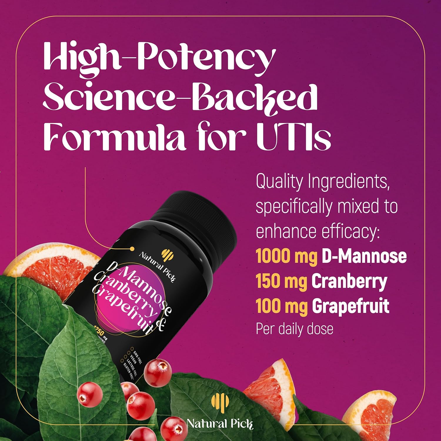Natural Pick D-Mannose - Cranberry & Grapefruit – Cranberry Pills, UTI Treatment and Fast Relief for Women | Urinary Tract & Bladder Support. 90 Vegan Capsules, D mannose Supplements for Women - Image 4