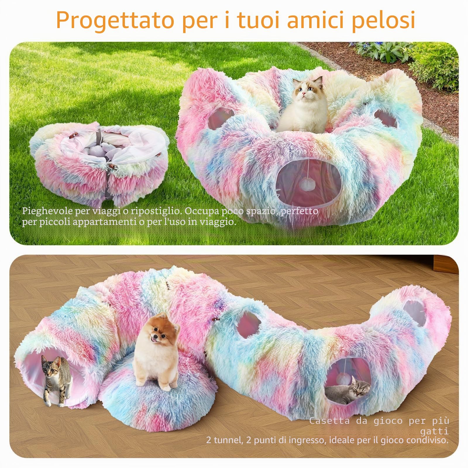 Tunnel per Gatti 3 in 1 Modulare con Letto Morbido Lavabile, Gioco Interattivo con Fori e Palline, Peluche Morbido per Gatti, Conigli e Cani Piccoli, Animali, Colorato