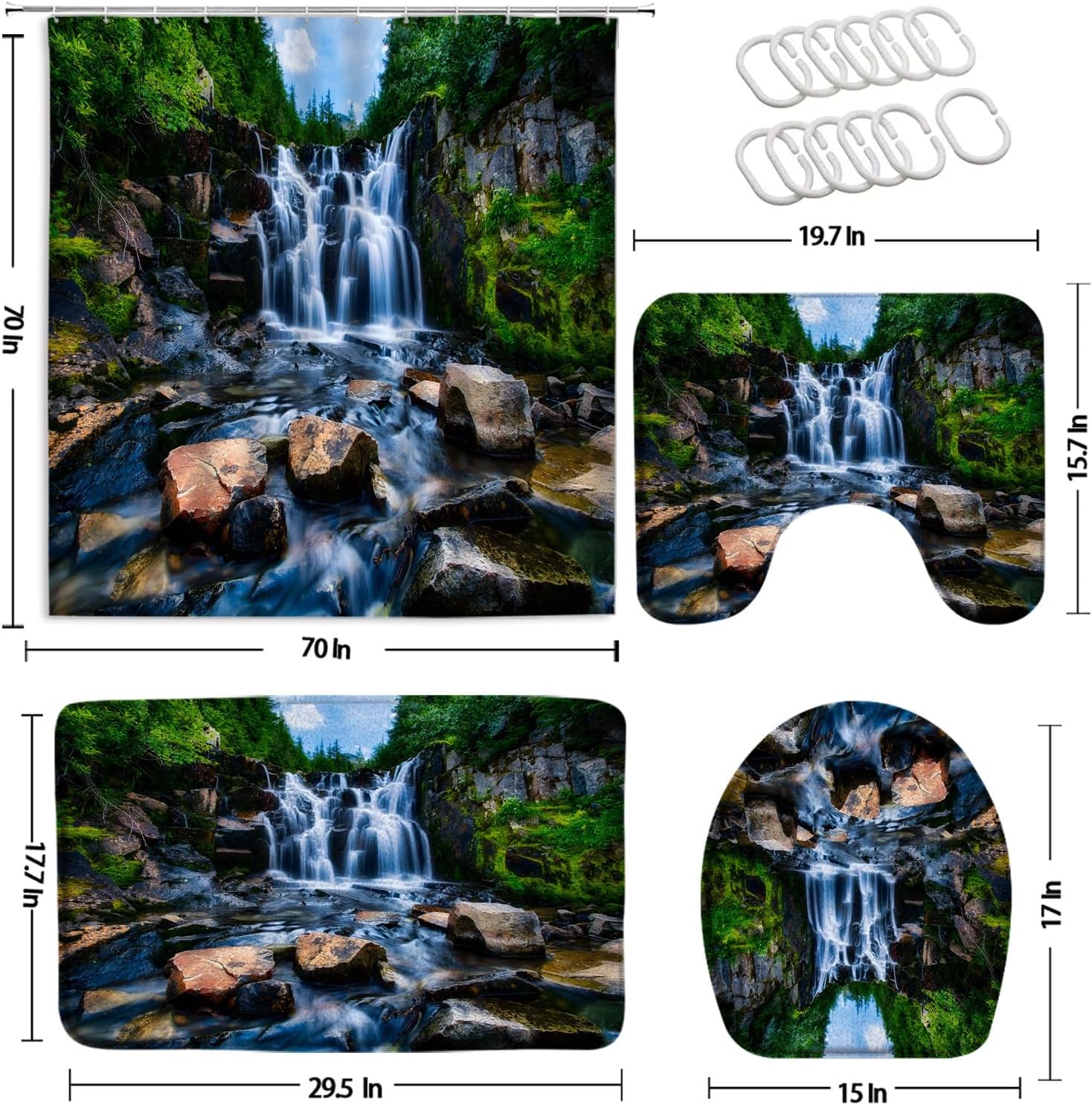 4Pcs Forest Waterfall Shower Curtain Set Nature Scenic Green Tree Tropical Rainforest Jungle River Stone Landscape Bathroom Toilet Lid Cover Non-Slip Rugs 12 Hooks