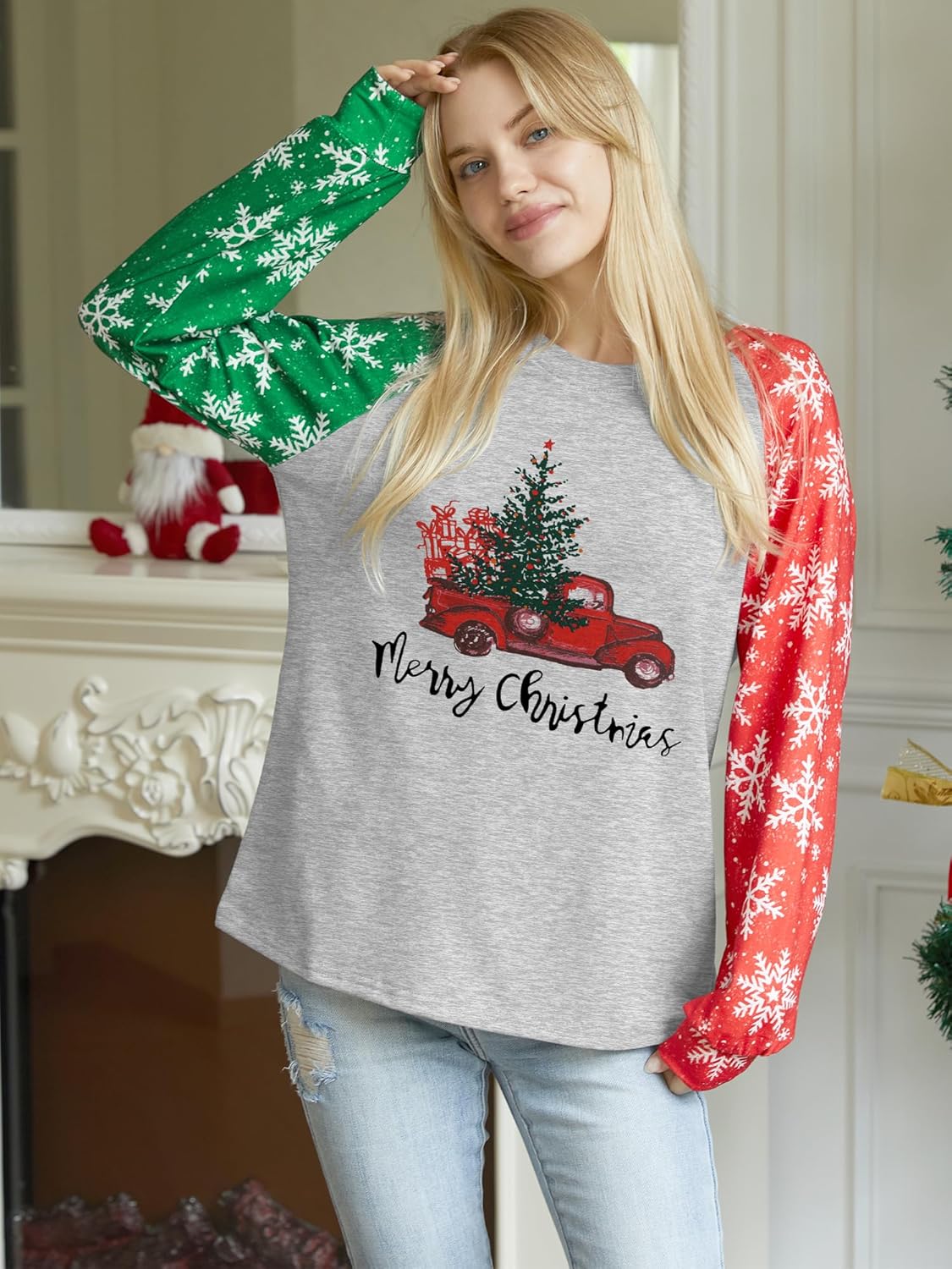 Binshre Merry Christmas Shirts for Women Christmas Tree Sweatshirts Funny Plaid Holiday T Shirt Snowflake Long Sleeve Tops - Image 2