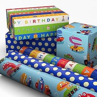 Hallmark 어린이 생일 포장지 미니 롤, 3팩 (몬스터, 자동차, 줄무늬, 파란색과 흰색 물방울 무늬) 생일, 어린이 파티, 축하, 모든 행사 - 총 60제곱피트