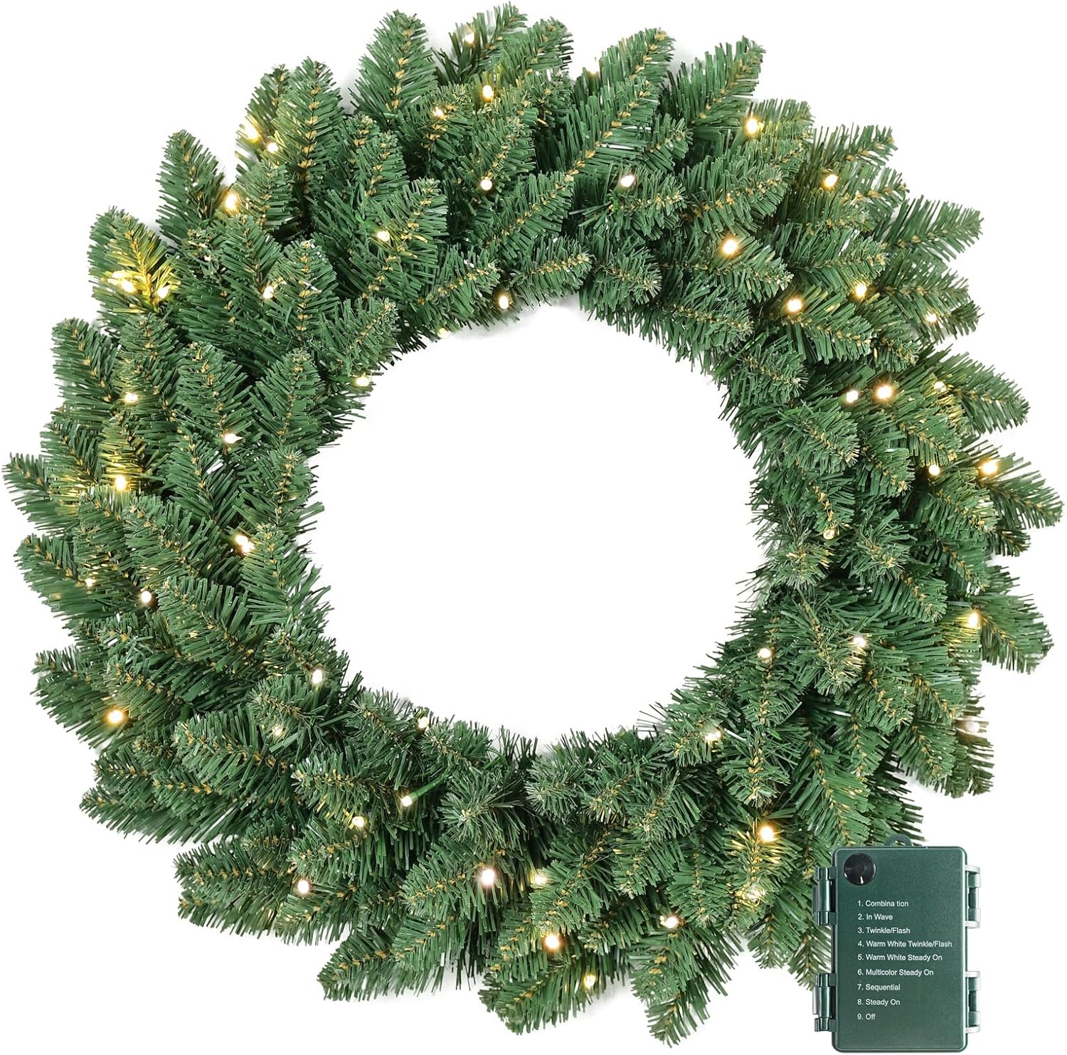 Small Christmas Winter Wreath with Lights | Leeheeyee 25 inch Pre-Lit Artificial Christmas Wreath for Front Door, Window or Mantel, Green Fir with Battery Operated 50 Multicolored Lights