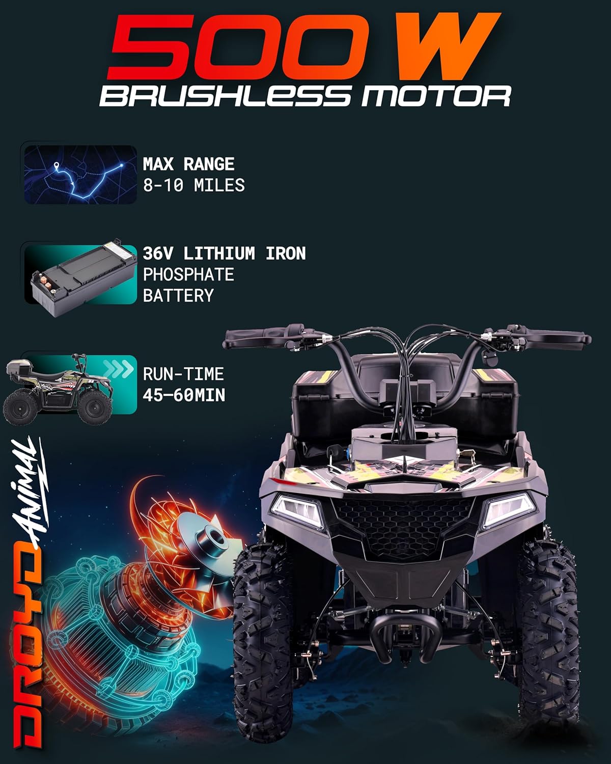 Droyd Animal Kids ATV for Ages 6+, 165 lb Capacity, 36V Electric 4 Wheeler with 500W Brushless Motor, LFP Battery, Dual Speed 10-15 MPH, Dual Suspension Disc Brake Quad Bike with Storage Case