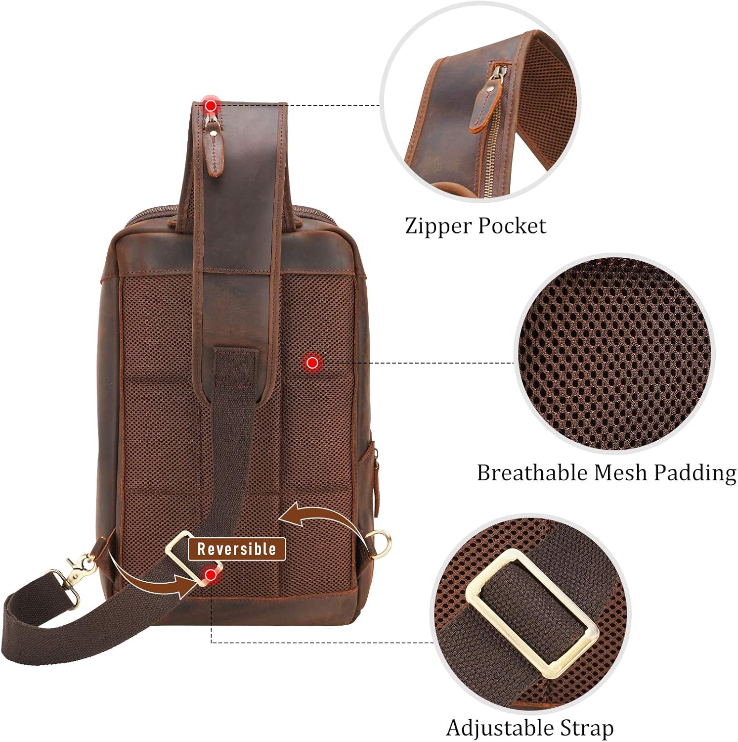 Polare Modern Style Sling Shoulder Bag Men’s Travel/Hiking Daypack with Full Grain Italian Leather and YKK Zippers - Image 6