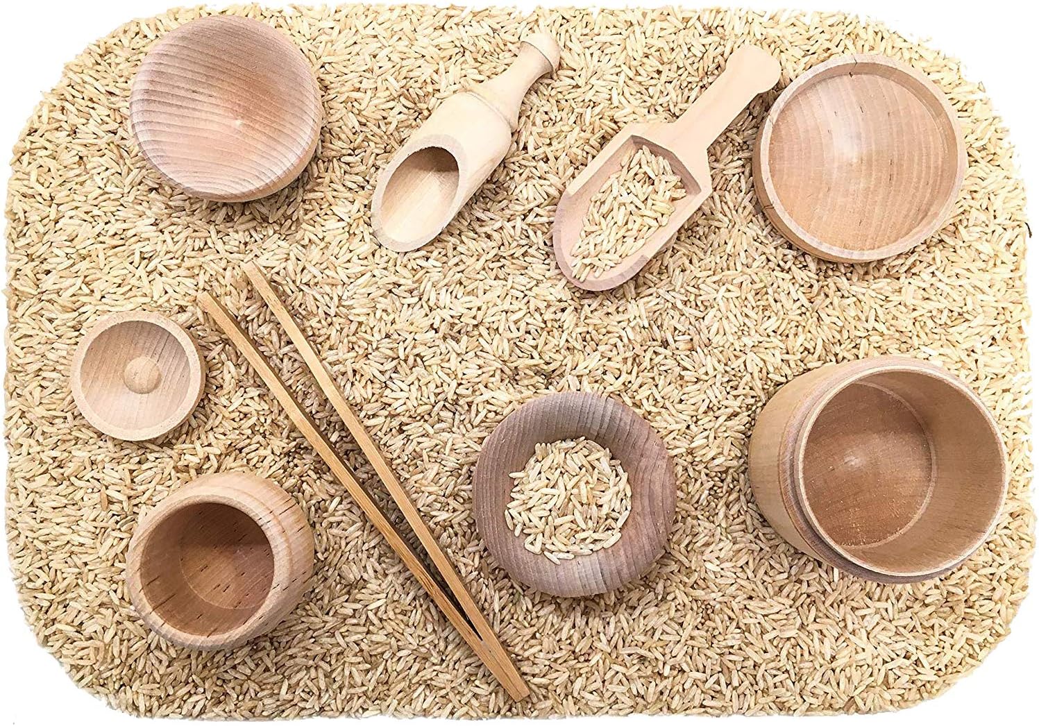 Sensory Bin Tools, Montessori Toys for Toddlers, Waldorf Toys, Wooden Scoops and Tongs for Transfer Work and Fine Motor Learning