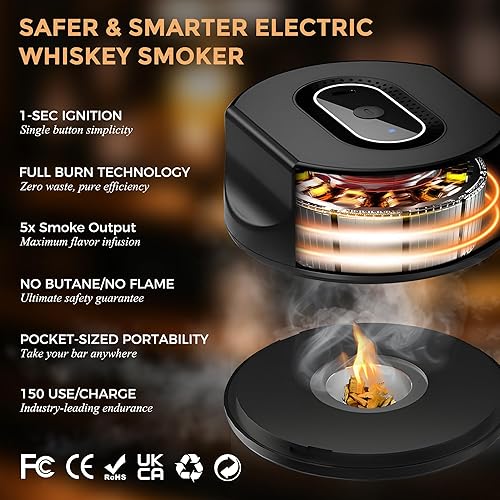 Miniatura 5 de Kit de ahumador de whisky, kit eléctrico de ahumador de cóctel con virutas de madera de 6 sabores, kit de ahumador recargable a la antigua, kit de