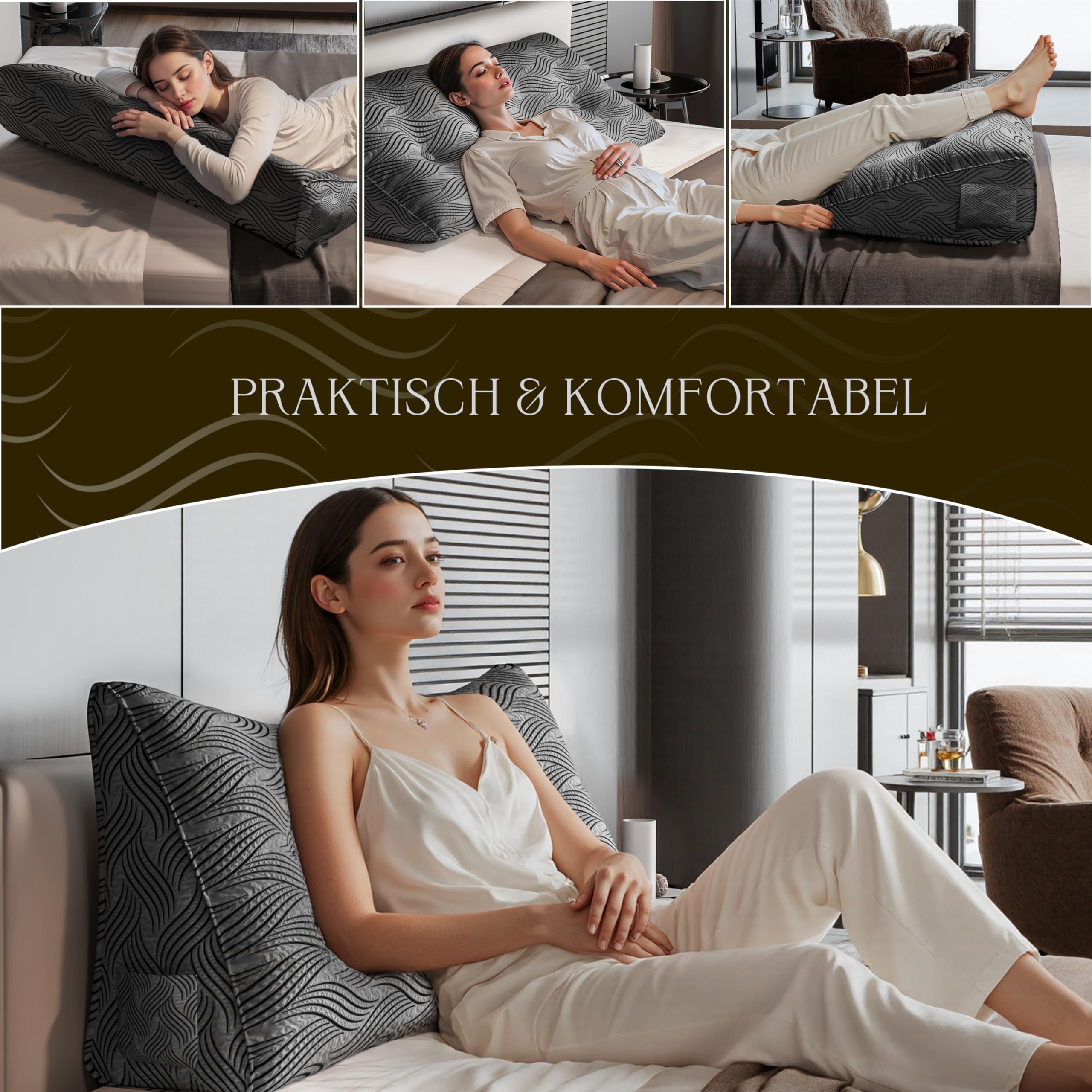 Rückenkissen, Lesekissen für Bett und Sofa, Rückenkissen Bett, Keilkissen Sofa große Kissen für Couch, Wandkissen, Dreieckiges Lesekissen, Deluxe beflockter Crinkle-Stoff (80 cm)