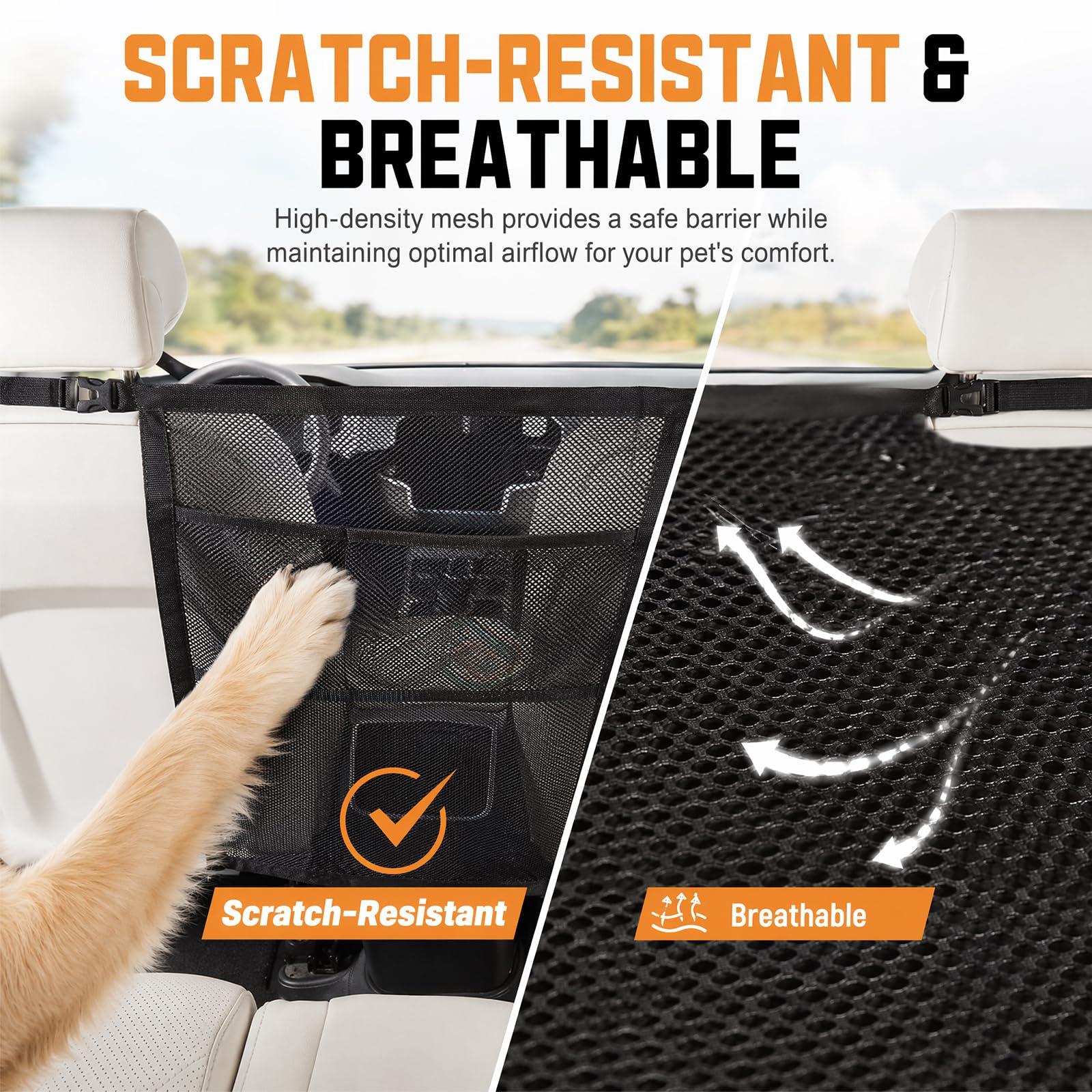 Griglia per cani per auto, 69 cm x 57 cm, regolabile, universale, con tasche portaoggetti, griglia divisoria per bagagliaio e sedile posteriore, barriera di sicurezza contro il cane dal