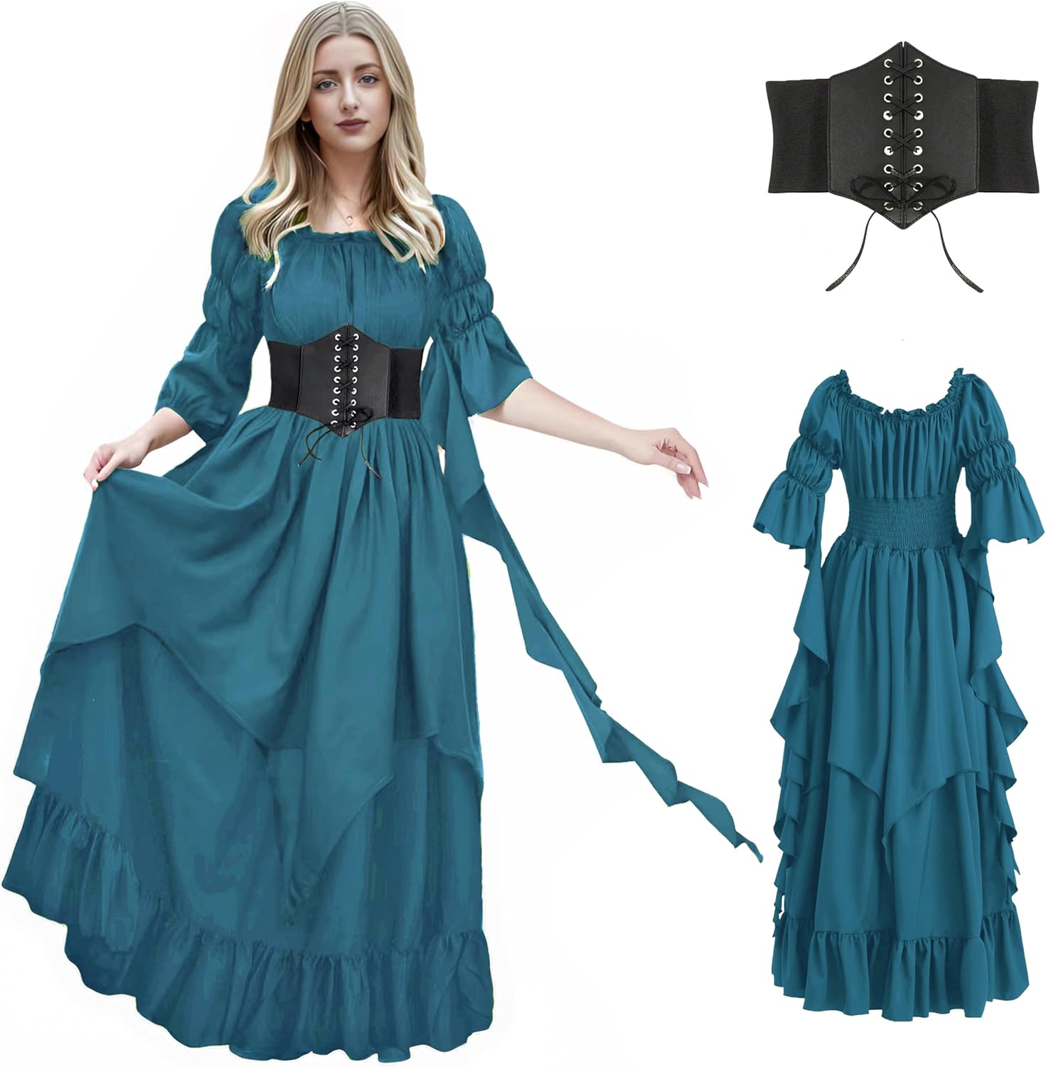 Renaissance Dress Women Gothic Witch Dress Medieval Ruffle Victorian High Low Dress Costume Set with Corset Belt - Image 2