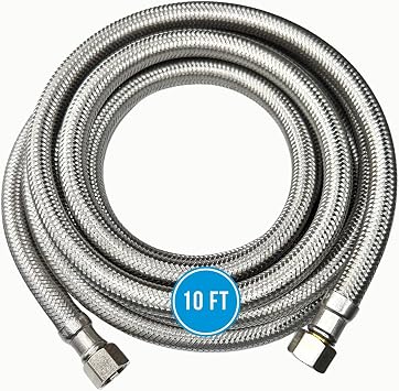 10 FT Braided Stainless Steel Water Supply Line Hose - 3/8 Inch x 3/8 Inch Compression Connections - Extra Long Dishwasher Water Hose, Faucet Supply Line Hose 10 Foot