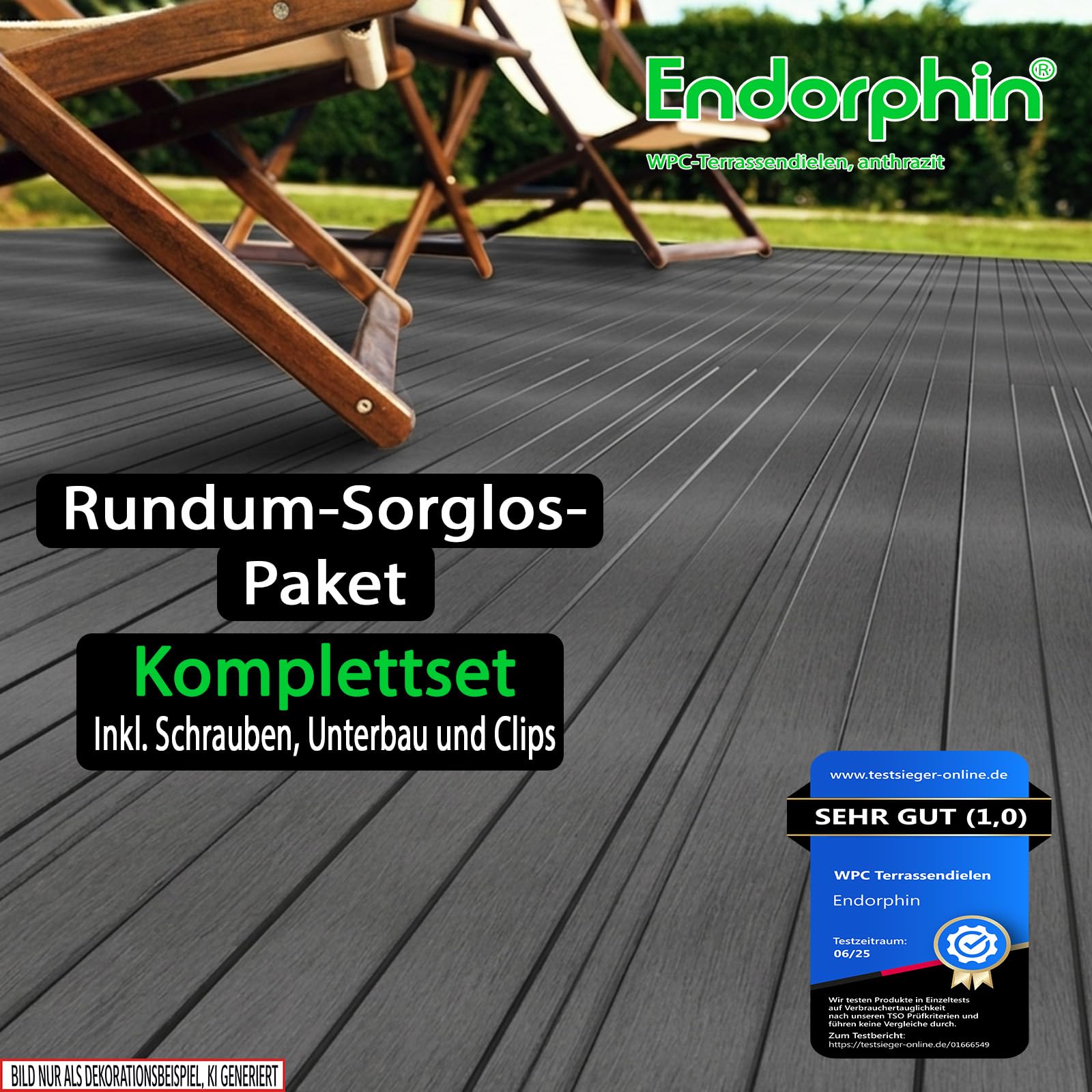 Endorphin® WPC Terrassendielen Komplettset 2-50m² Anthrazit - Mit Unterkonstruktion & Clips – WPC Dielen Wetterfest Pflegeleicht Dielenlänge 220cm (36qm)