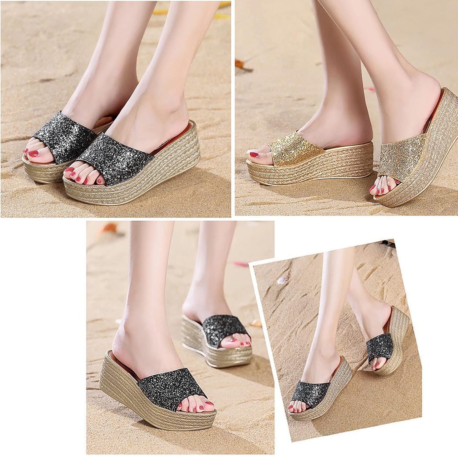 Lymphvity Women's Crystal Open Toe Wedge Sandals Slides,Summer Fashion Outdoor Platform High Heeled Casual Dress Rhinestones Wedge Sandals - Image 2