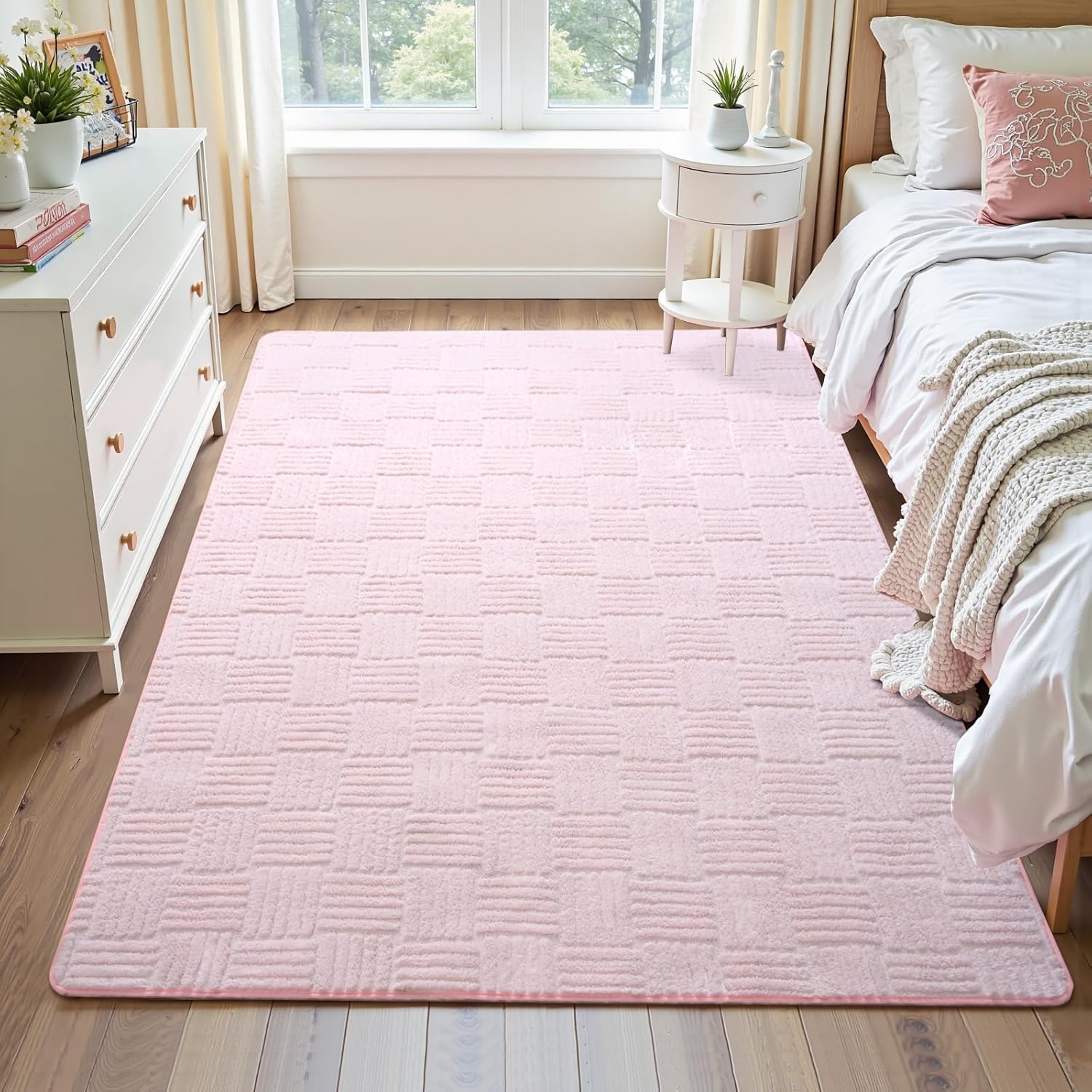Flagover 3x5 Pink Washable Shag Area Rug for Girls Bedroom, Modern Geometric Non Slip Living Room Rugs, Fluffy Soft Thick Carpet for Kids Room, Dorm, Office, Bedside, Entryway and Home Decor