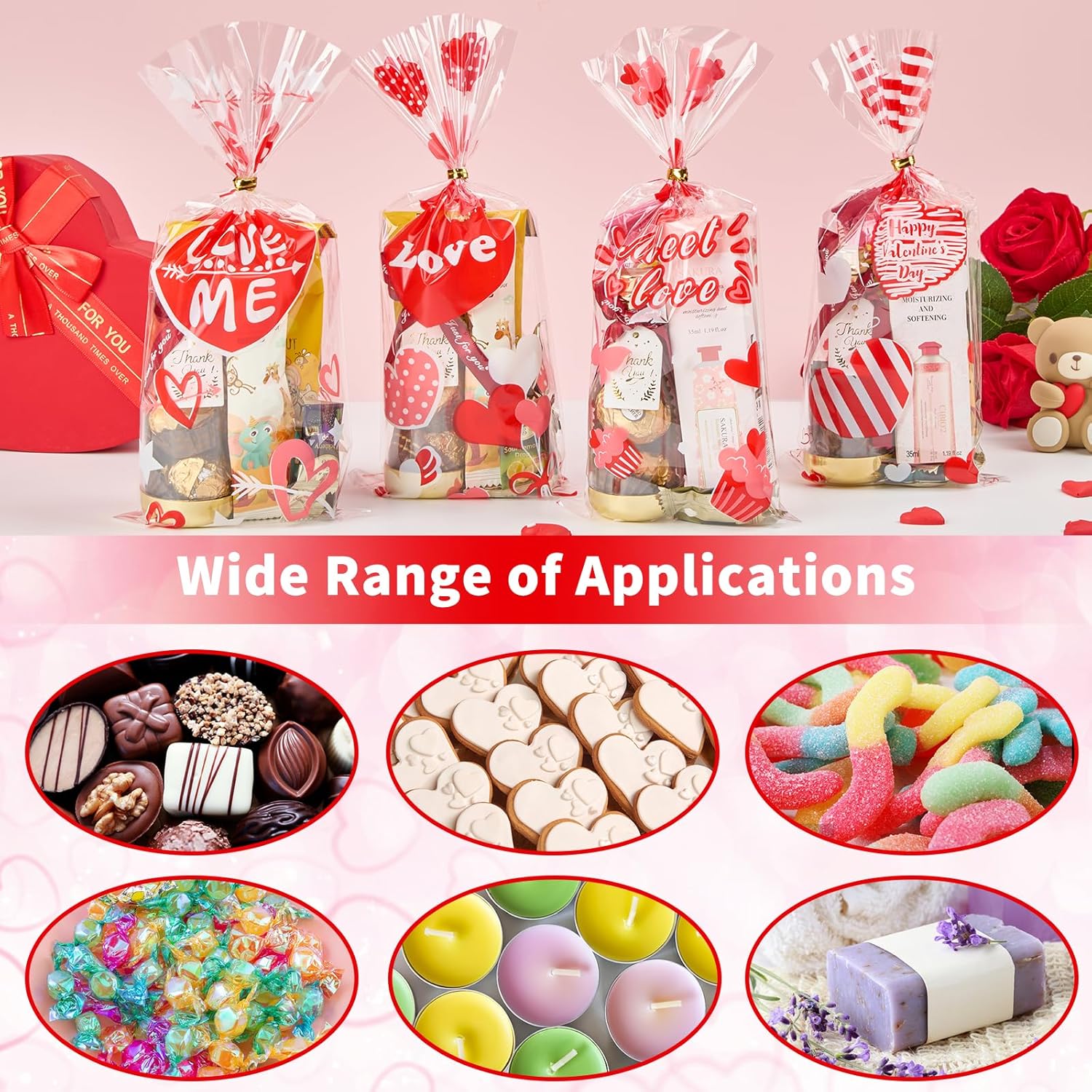 Ohuimrt Valentines Cellophane Treat Bags, 100 PCS Red Heart Valentines Day Gift Bags with Ties, Clear Goodie Bags for Snack Candy Cookie Party Favor Packaging - Image 5