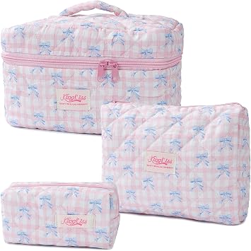 3-Piece Quilted Makeup Bag, Large Cute Coquette Makeup Bag Set, Aesthetic Cosmetic Bags for Women, Travel Toiletry Bag Organizer with Zipper Pink Grid Blue Bow
