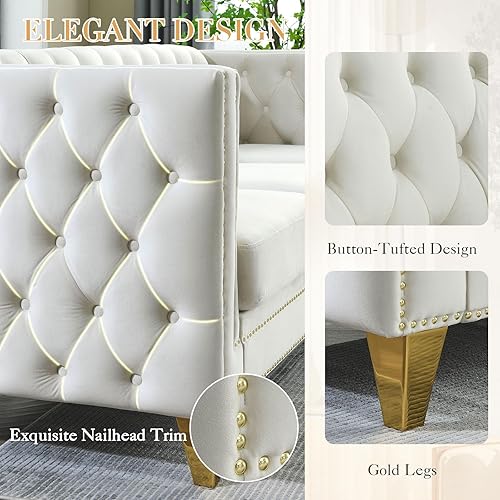 Miniatura 5 de Sofá Chesterfield, sofá moderno de terciopelo de 3 plazas con botón acolchado y ribete de tachuelas, sofá tapizado de asiento profundo, sofá grande