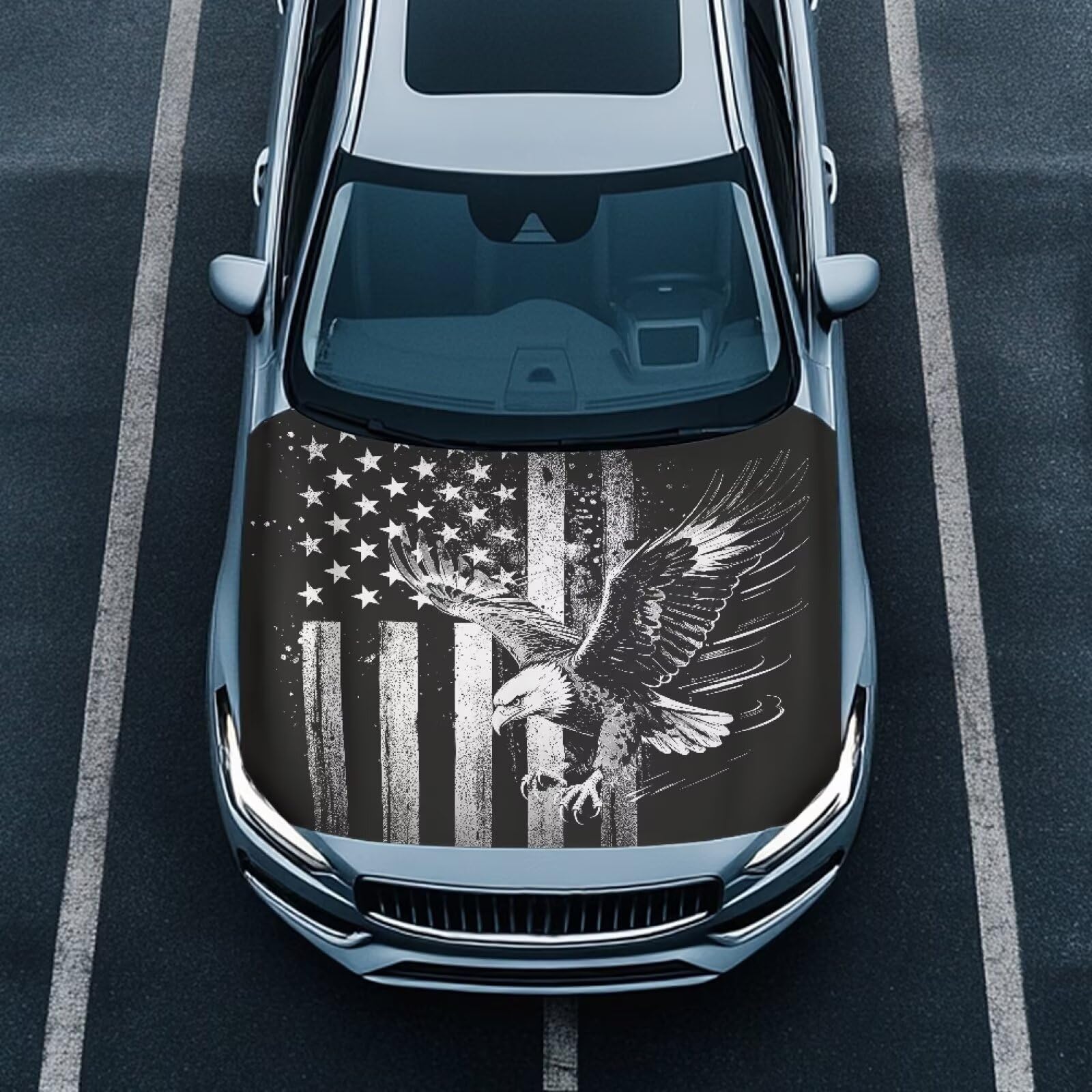 Renewold Car Hood Cover, Black Eagle American Flag, Party Holiday Camping Covers for Cars, Vehicle Hood Wrap Blanket, Women Men Automotive Exterior Accessories, for Outdoor Indoor