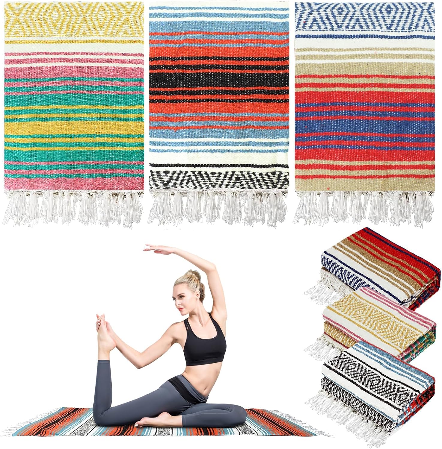 3 Pcs Mexican Blanket Bulk, 45 x 70 Inch Yoga Blanket Large Cotton Outdoor Camping Blankets with Fringed for Outdoor Beach Picnic Home Decor