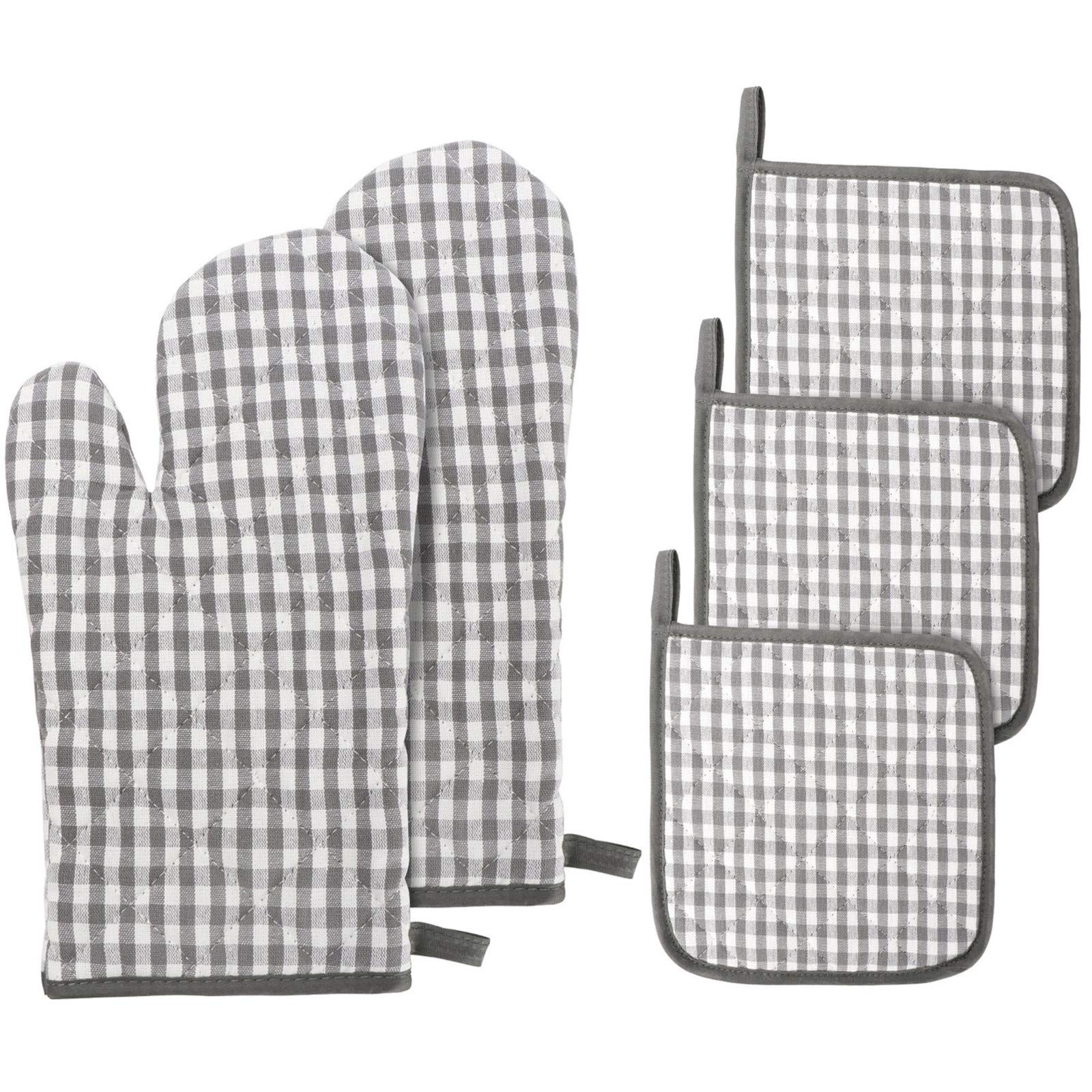 Jennice House Oven Mitts and Pot Holders, 5 pcs Heat Resistant Cotton Gingham Oven Mitts and Potholders Set for Cooking Baking (Gray Set)