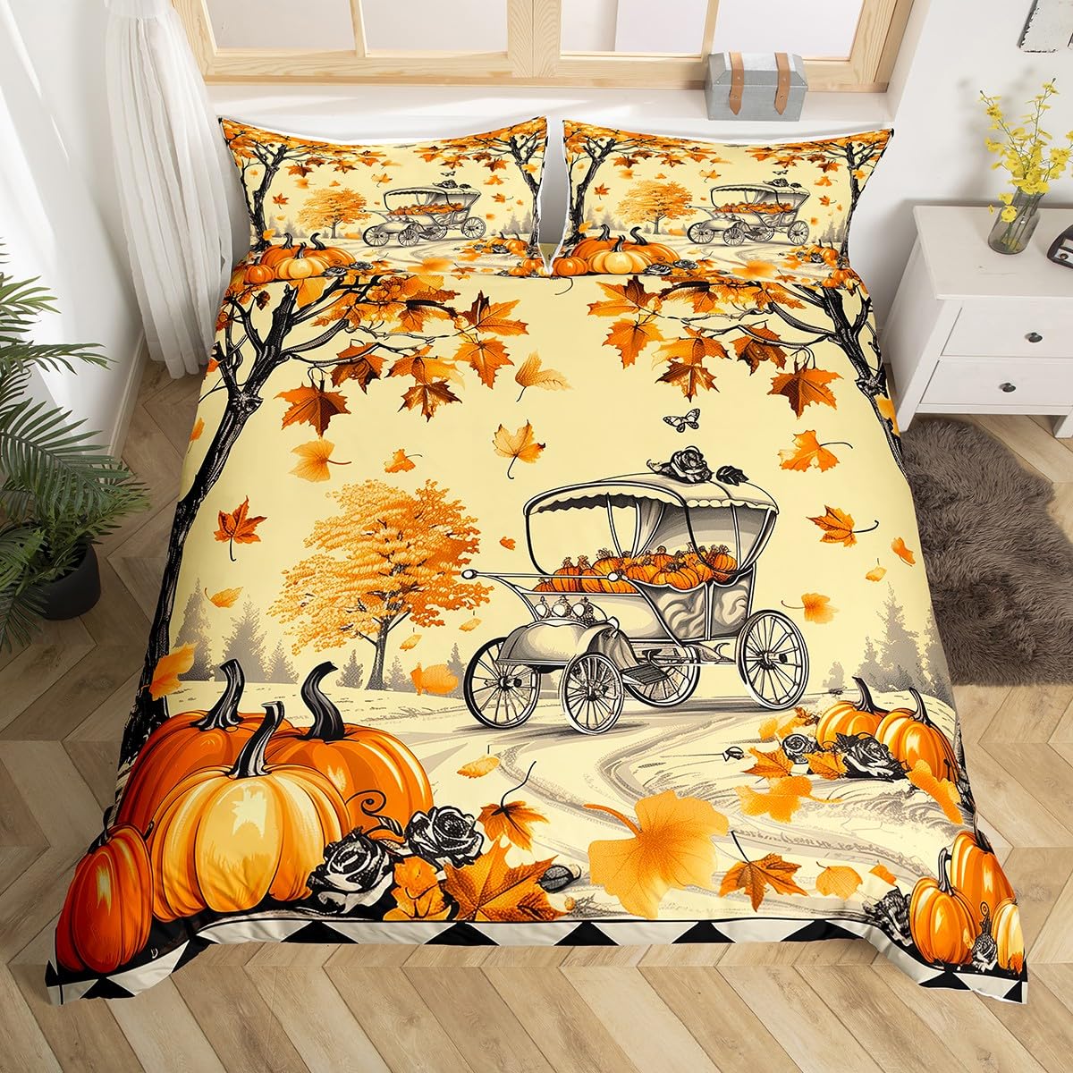 Homewish Fall Decor Bedding Super King Autumn Pumpkin Comforter Cover, Harvest Theme Bed Set Botanical Maple Tree Duvet Cover, Fallen Maple Leaves Quilt Cover Biege Orange (Zipper Closure)