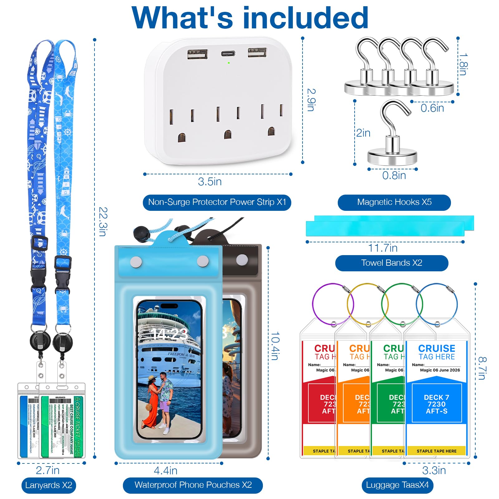 Cruise Essentials 2025 - Cruise Must Haves Kit con protezione anti-sovratensione, cordino con porta documenti, ganci magnetici, set di etichette per bagagli, fasce per asciugamani, supporto