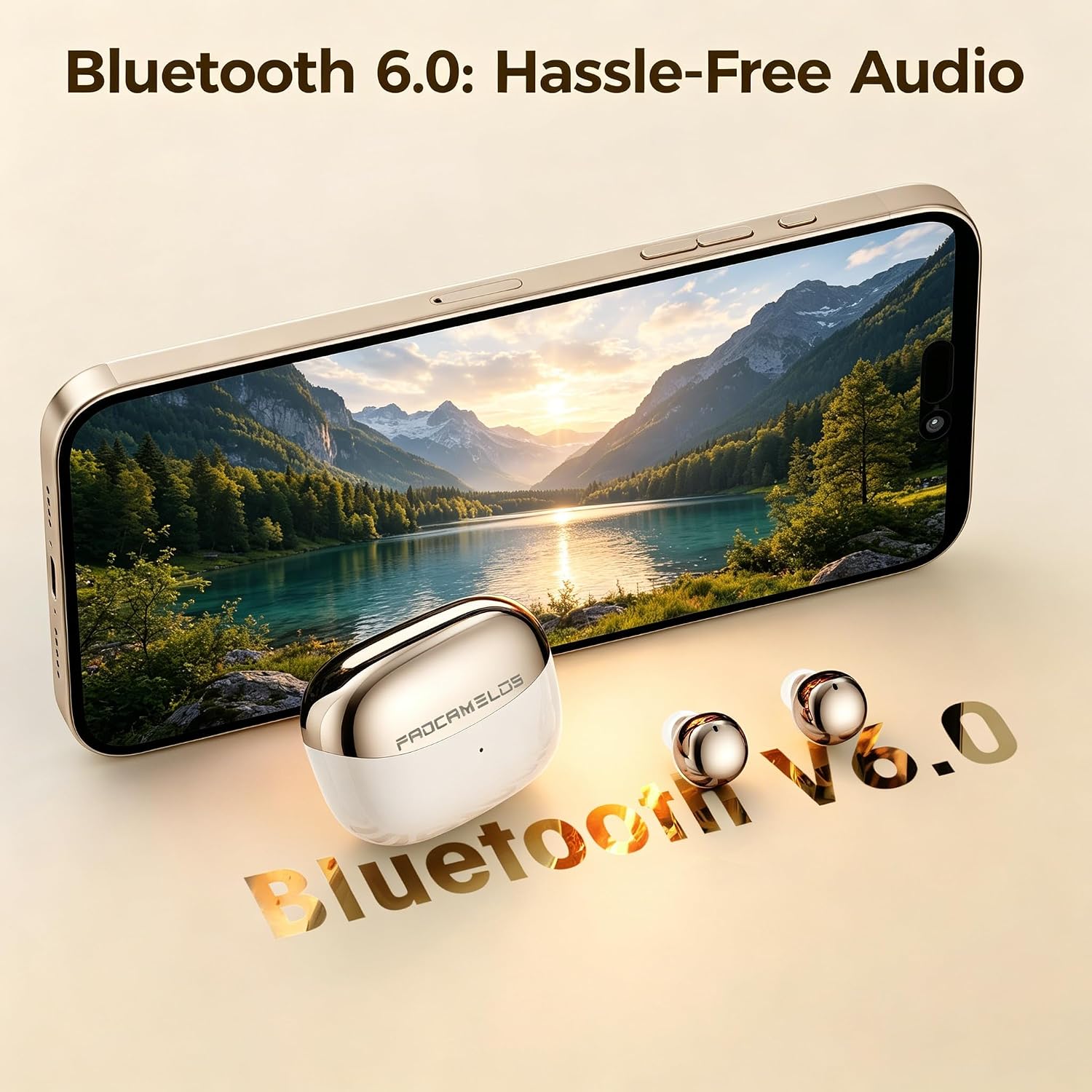 Aesthetic Upgraded Wireless Earbuds 2-in-1 with Day & Night Modes, Bluetooth 6.0 Ultra-Mini Headphones, Built in Mics & HIfi Stereo Earphones, IPX5 Waterproof All in Comfortable Ear buds (Light gold)