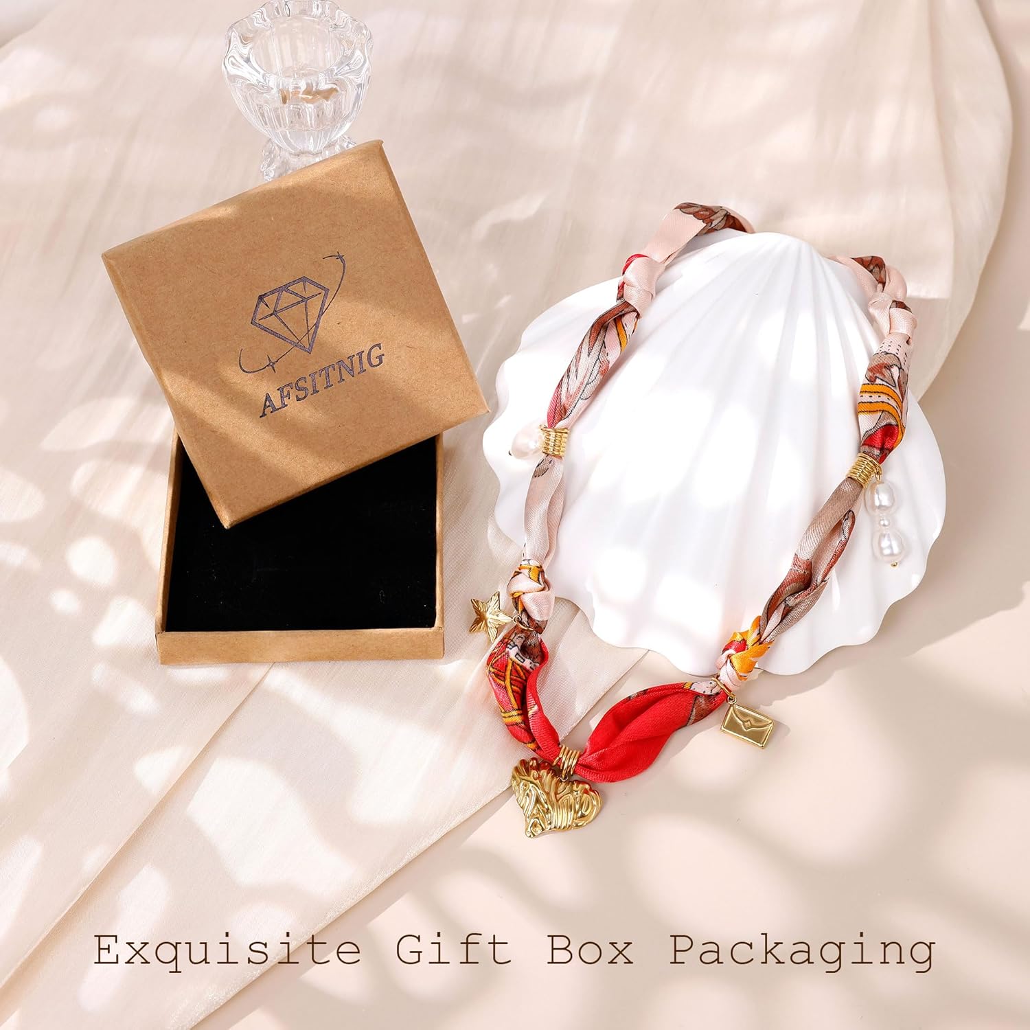 Scarf Necklace with Charm Bandana Choker Necklace with 14K Gold Plated Flower Pearl Leaf Heart Pendants, Boho Beach Christmas Jewelry Gift for Women - Image 5