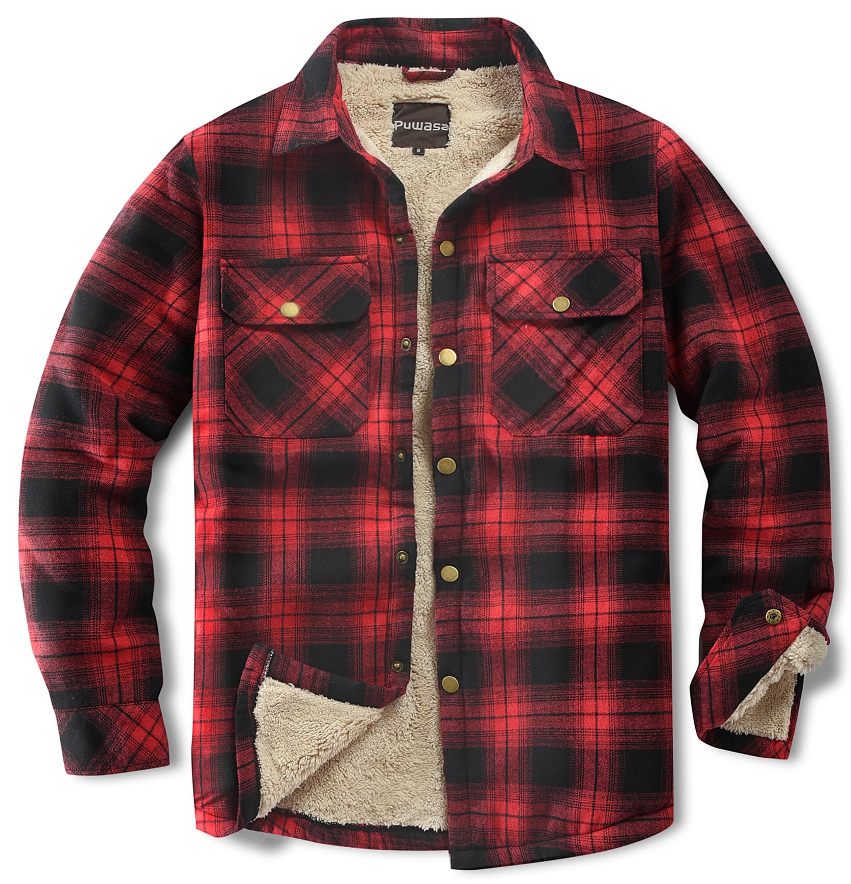 Men's Sherpa Cotton Flannel Shirt Jacket Plaid Button Coat Pocket