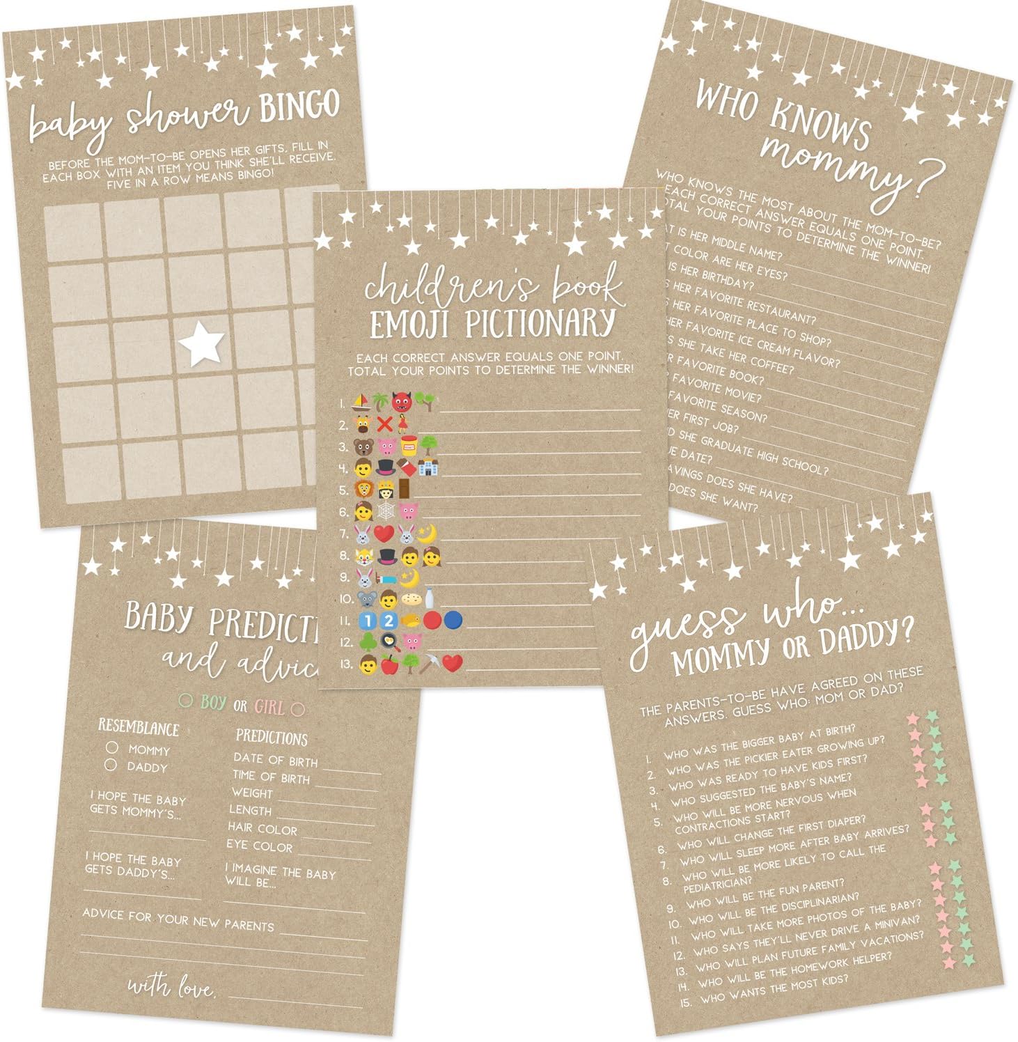 Printed Party Doublesided Kraft Baby Shower Kit, 5 Games and Activities