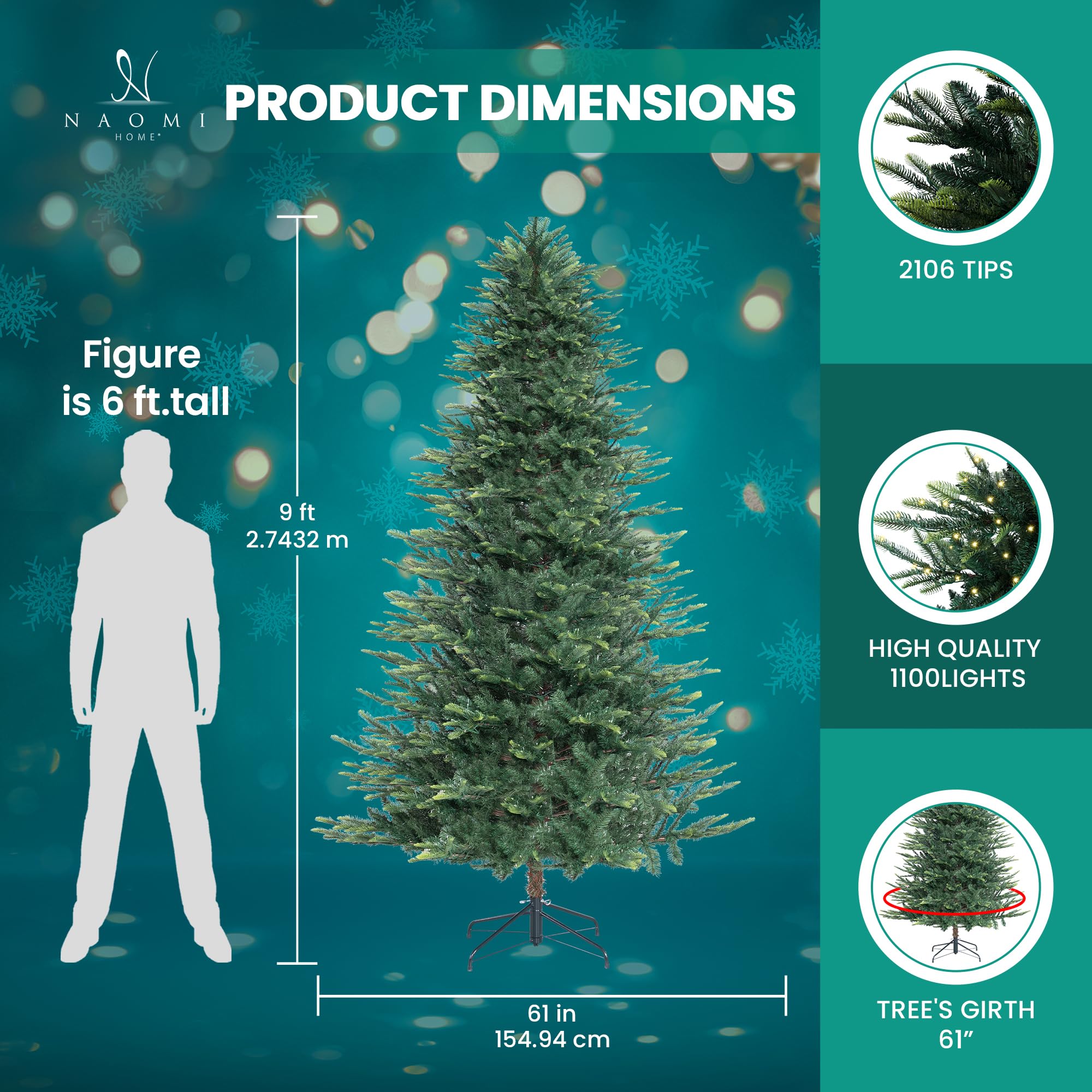 Naomi Home Lujan 9ft Prelit Aritificial Christmas Tree with 2106 Branch Tips, 1100 Warm Lights and Metal Stand, 61